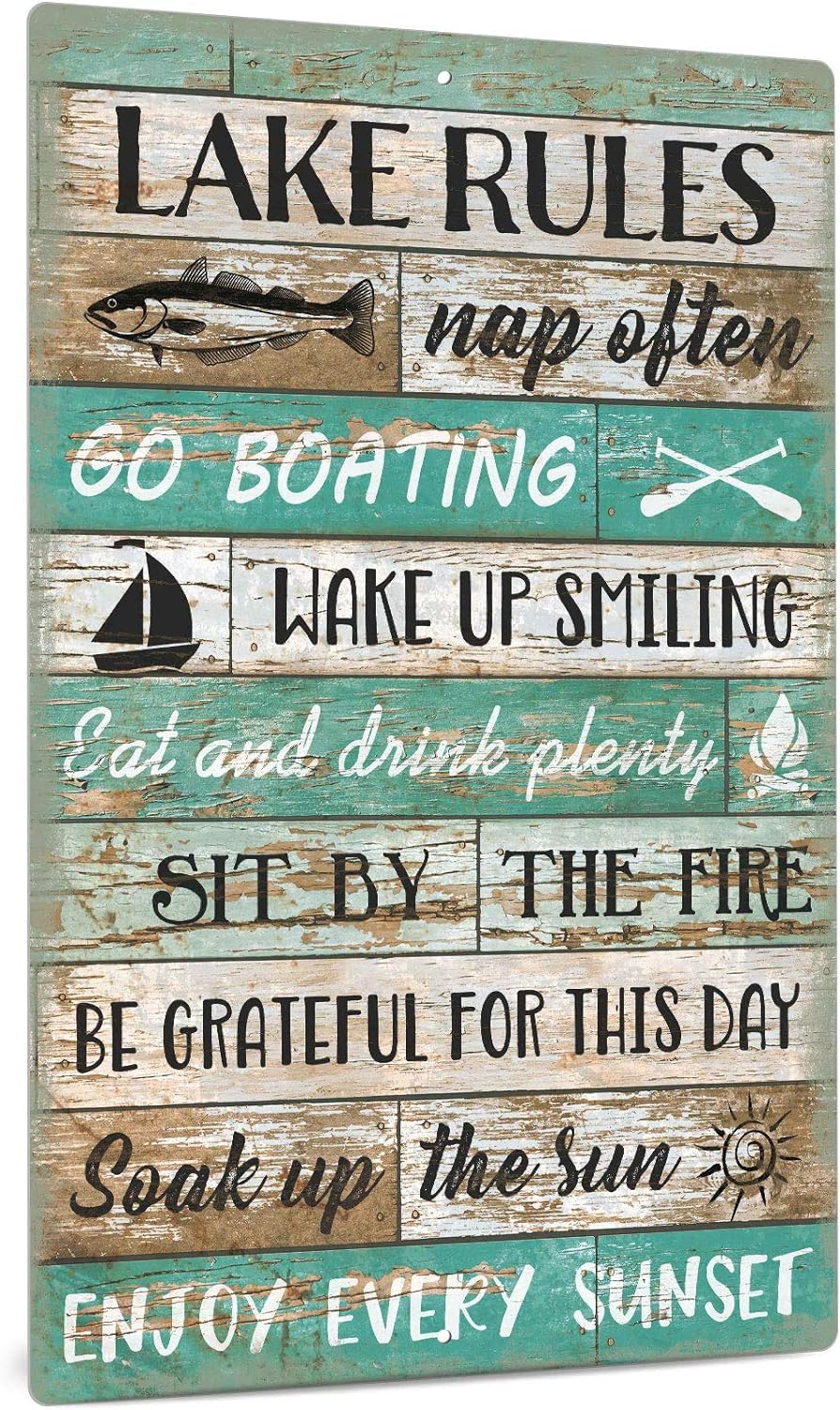 Kwqdozf Tin Sign-3 8X12 Inch Lake Rules Vintage Metal Aluminum Tin Sign Door Signs 8X12 Inch