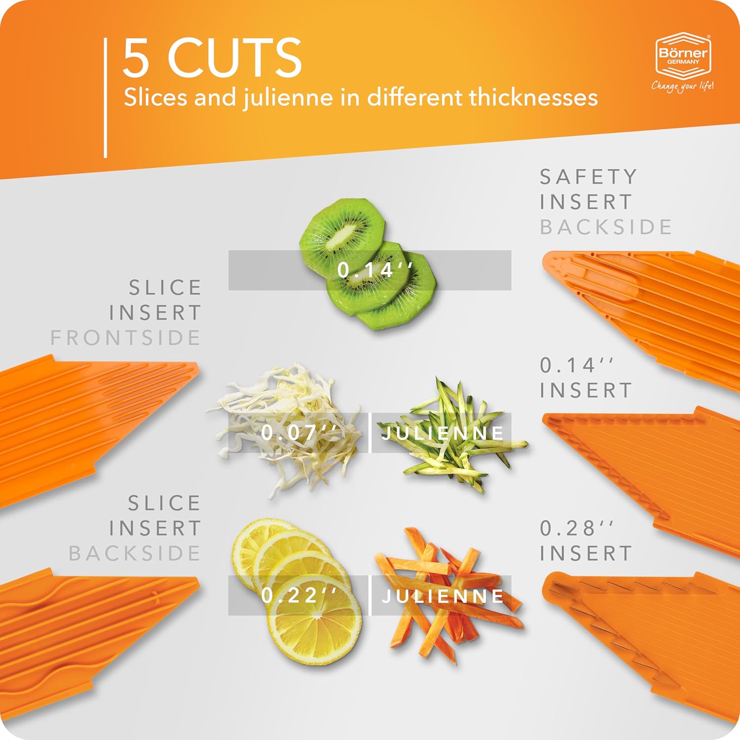 BORNER V Mandoline Slicer Kitchen V1 ClassicLine Starter Set | Vegetable Grater Börner - Quality Made in Germany, Color:Orange