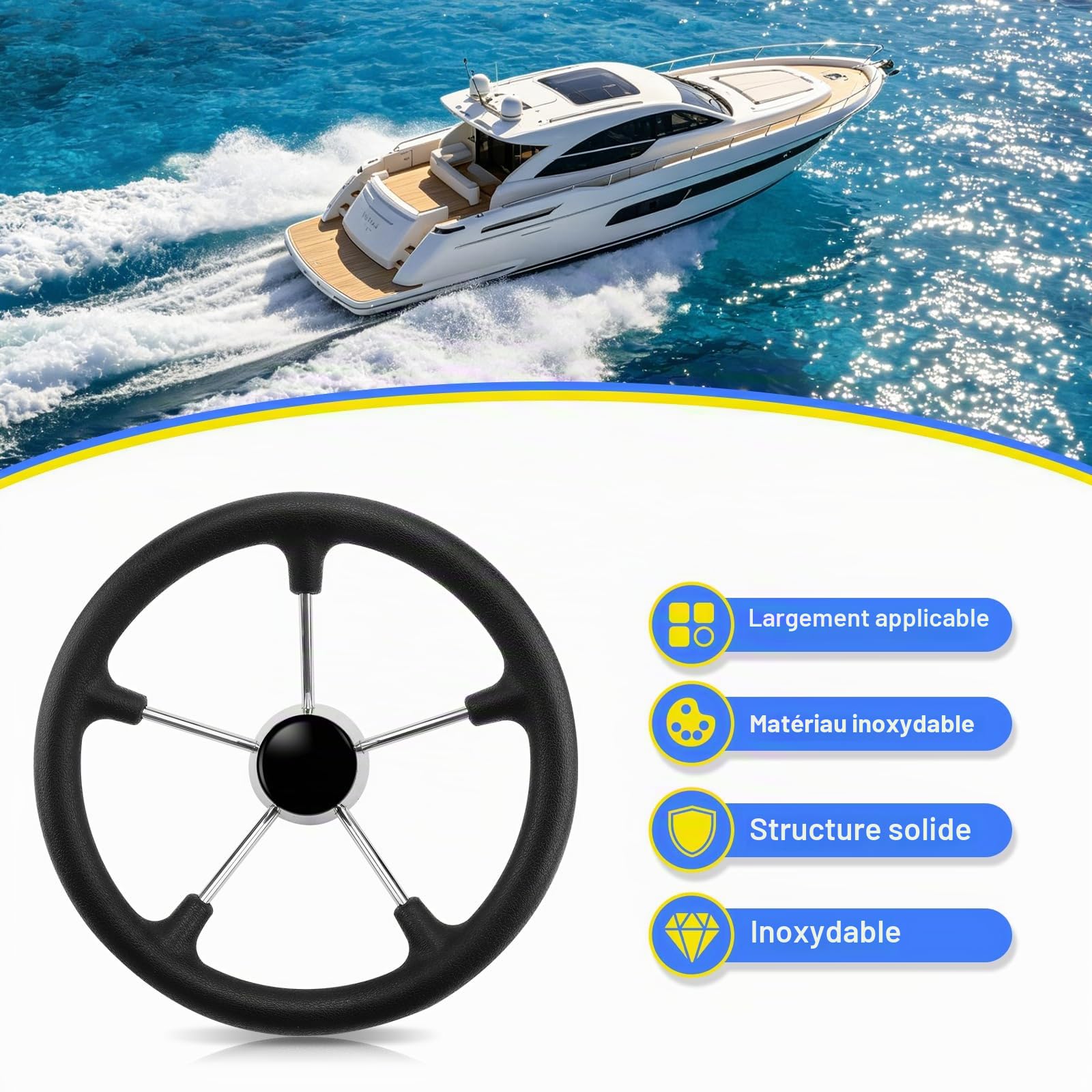 Geloo Volant en acier inoxydable avec mousse synthétique noire, 5 rayons 13-1/2", antidérapant et anti-transpiration pour bateau, yacht, bateau rapide