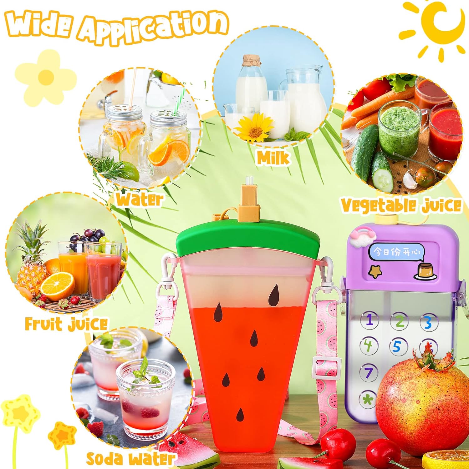 Queekay 6 Pcs Water Bottles with Straws for Kids Watermelon Adjustable Strap Leakproof Plastic Watermelon Ice Cream Camera Bread Biscuits Shaped Water Bottle for School Travel - Image 2