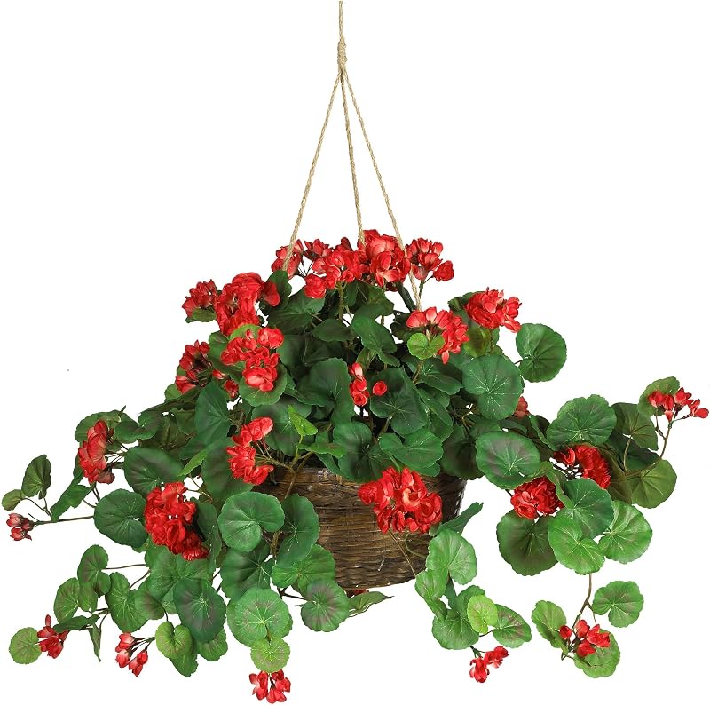 Planta de cesta colgante floral roja de geranio artificial de 24 pulgadas casi natural | Flores multitonales, vibrante planta floral sintética, cesta de mimbre decorativa, ideal para porche o decoración interior del hogar