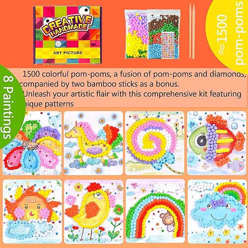 Miniatura 5 de PHOGARY Kit de manualidades con pompones pequeños para todas las edades, calcomanías de animales de flores, arco iris, suministros de pintura,