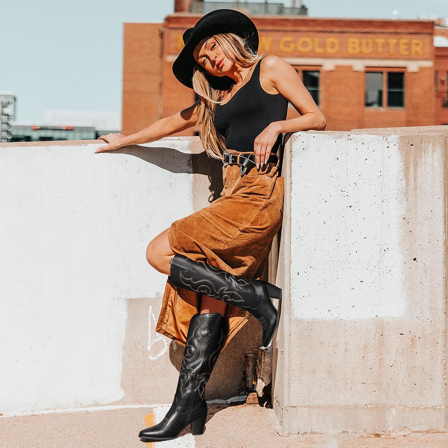 Pasuot Suede Cowboy Boots for Women - Western Knee High Cowgirl Boots with Side Zipper, Retro Pointed Toe Tall Block Heel Pull On Long Boot for Ladies Fall Winter Rodeos Concert Festival Daily - Image 3