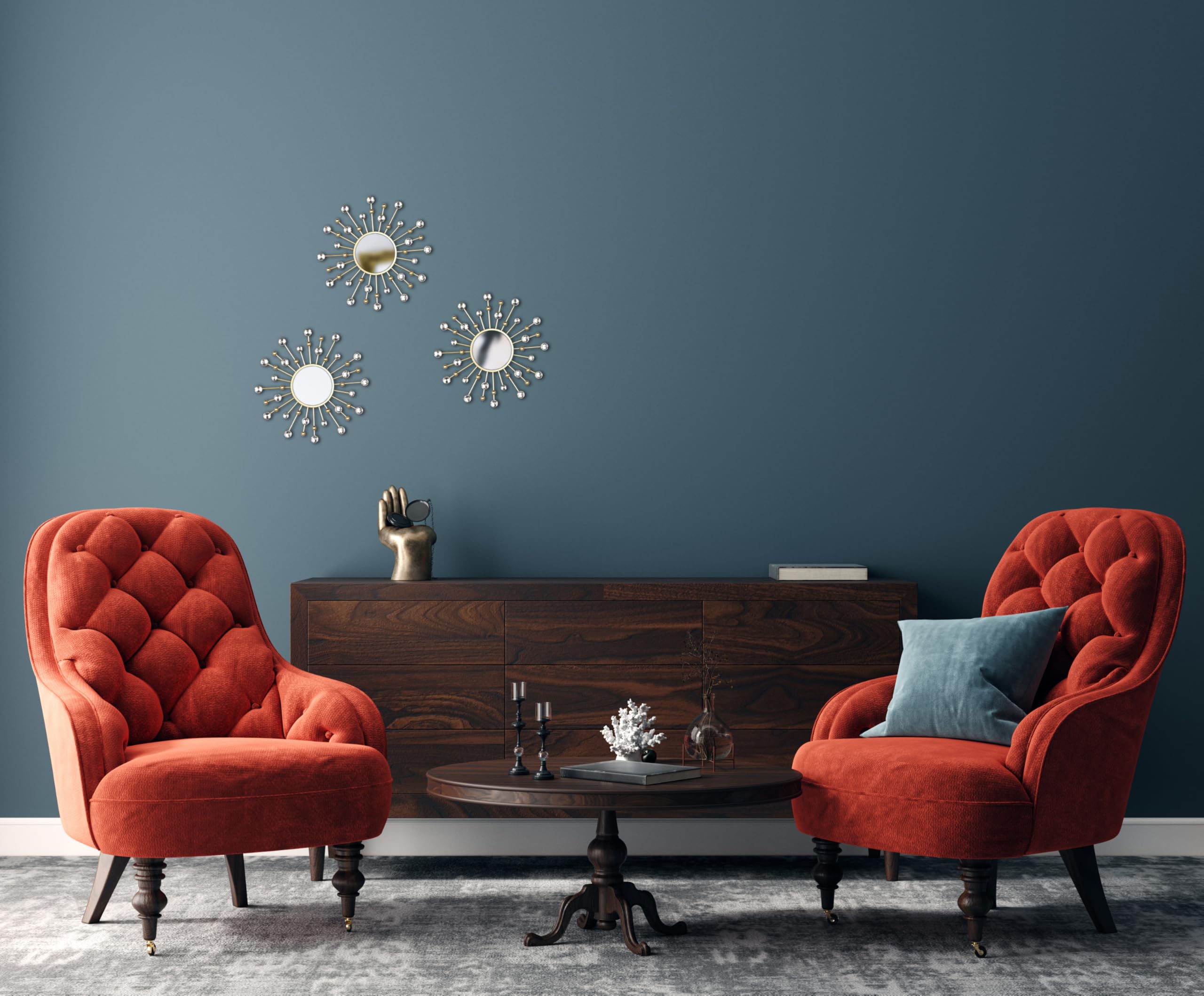 Melanie - Set di 3 specchi da parete con cornice dorata con sfere decorative e cristalli, diametro 25,5 cm