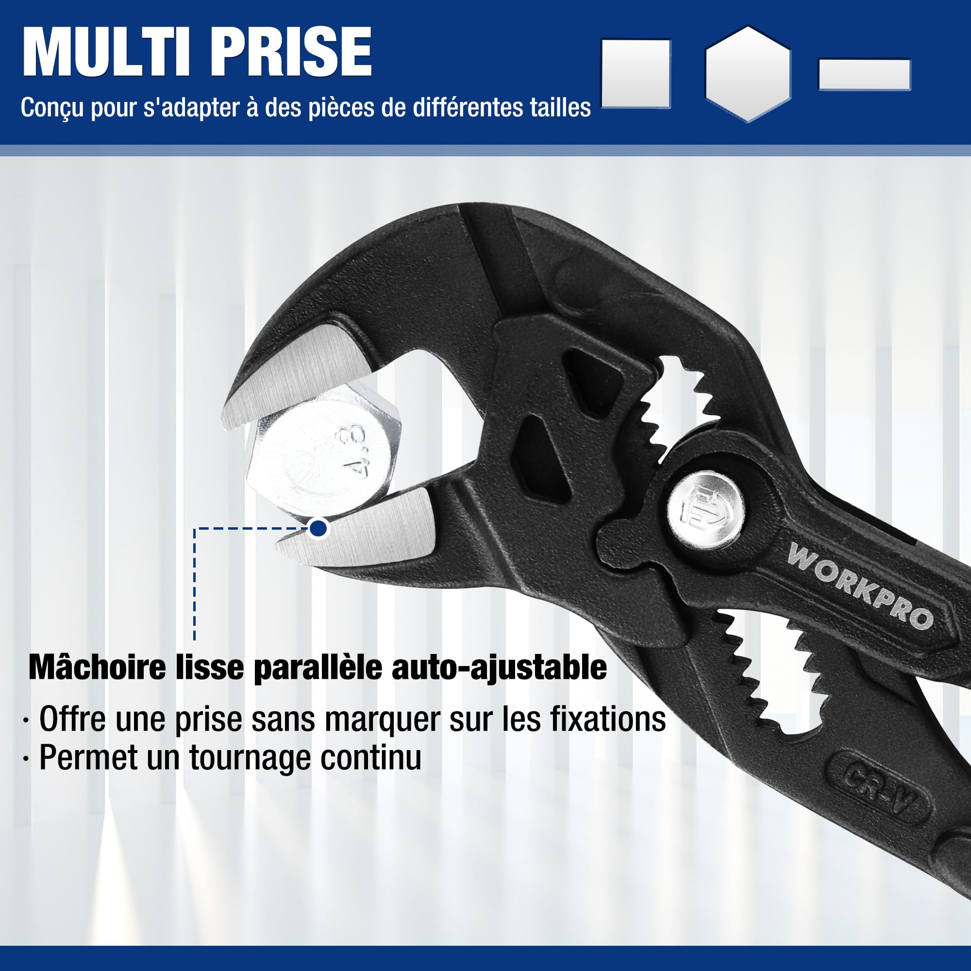 WORKPRO Jeu de 2 Clés à Pince 180 et 255 mm, Pince Multiprise en Acier Cr-V, Serrage Rapide, Ouverture Maximale de 40/50 mm, Polyvalente pour Serrage et Ajustement