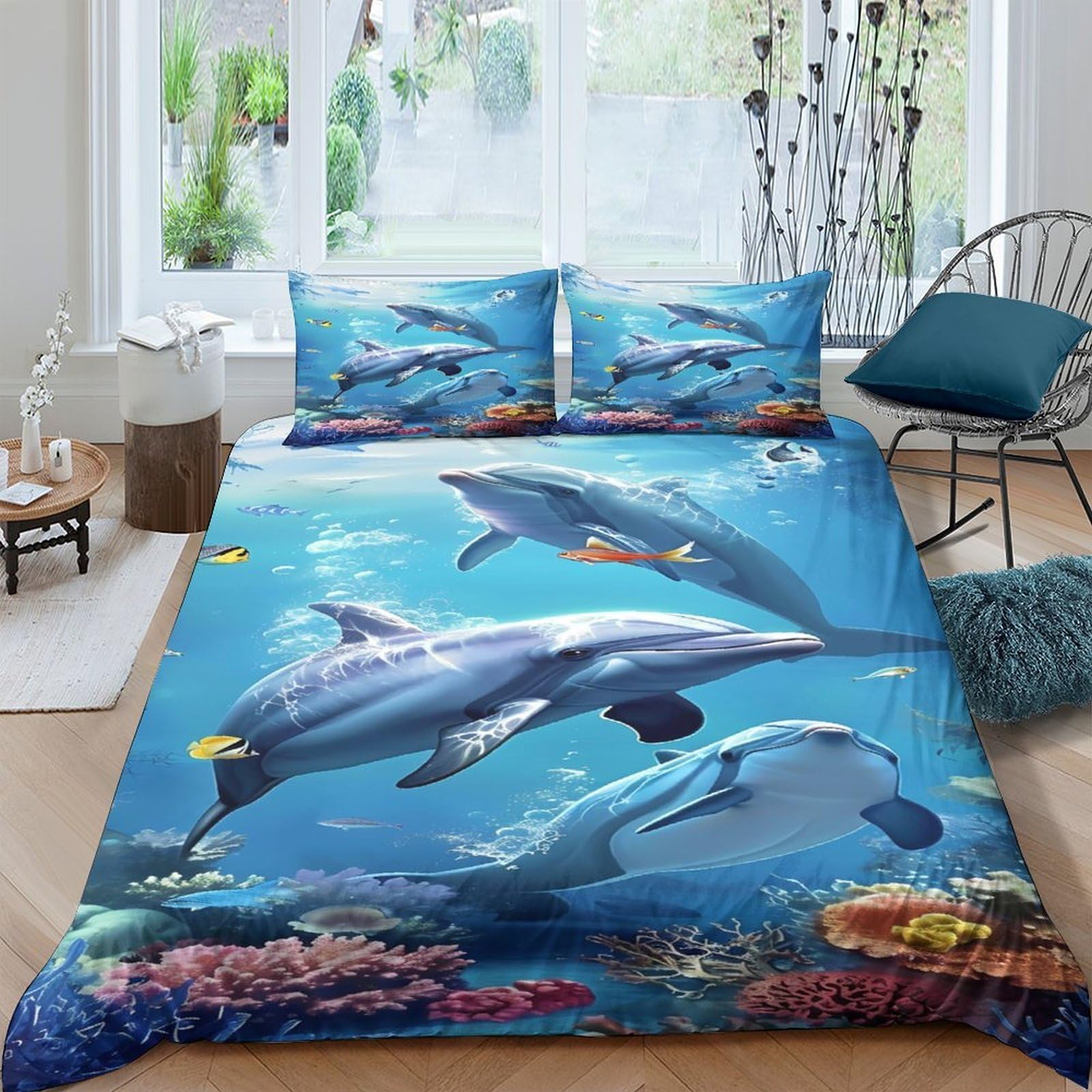 Ctjqhvkz Style-4 3D Printed Ocean Dolphin Fitted Sheet Microfiber Soft Blue Sea Bed Sheet For Bedroom Guest Room Home Decor Single（135X200cm）