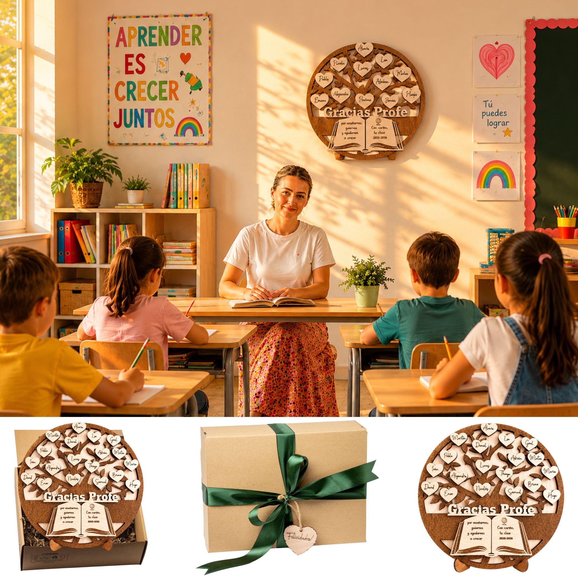 Regalo Profesora Personalizado Árbol Gracias Profe con Nombres de Alumnos | Profesor Fin de Curso|Regalo Profe Original de Madera|Profesores Infantil Primaria Guardería|Olesea (Regalo Profesora)