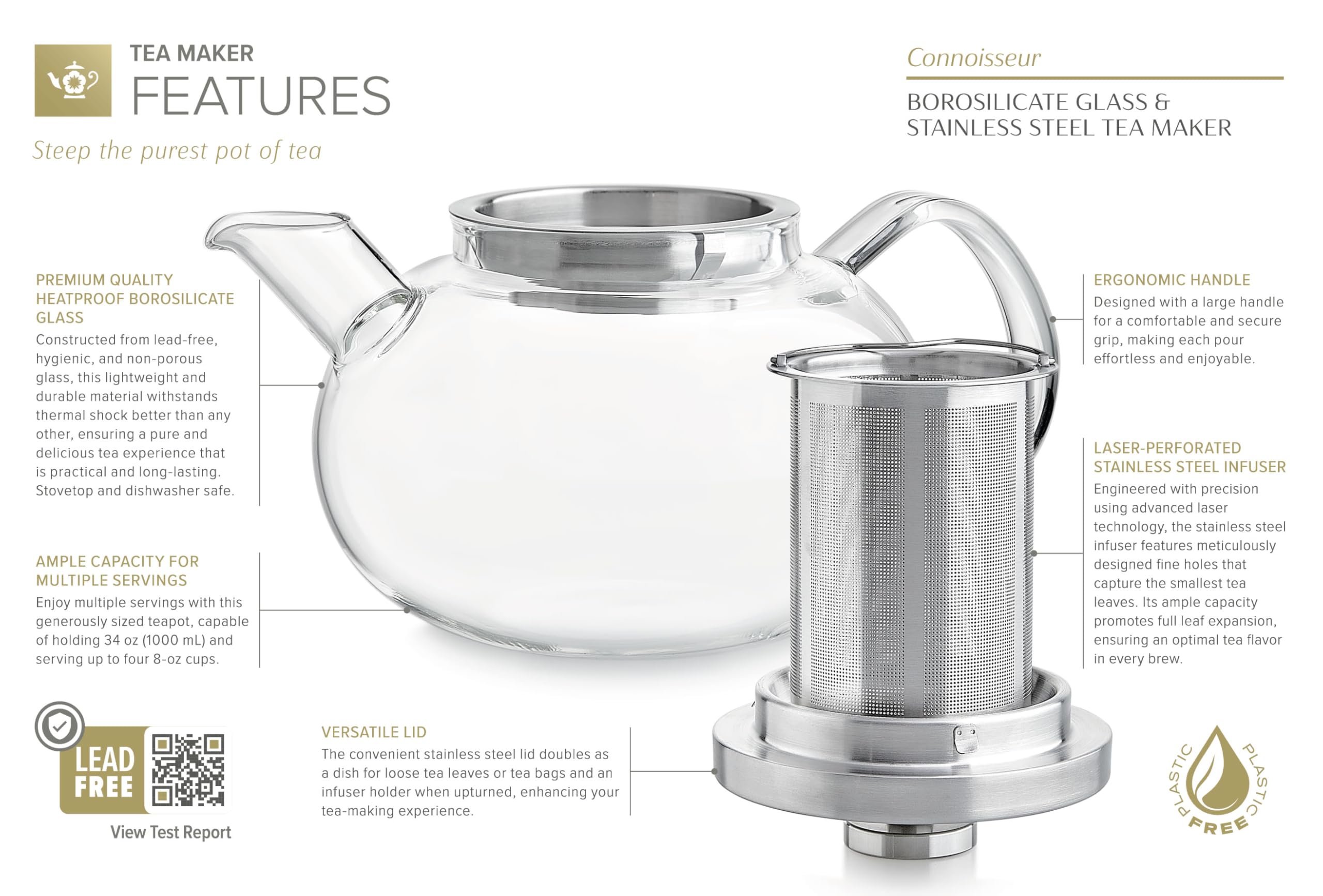 Teabloom Connoisseur Glas-Teekanne mit Edelstahl-Teesieb für losen Tee – Fassungsvermögen für 4 Tassen, Herdplattensicheres, langlebiges Borosilikatglas, perfekt für heißen und Eistee