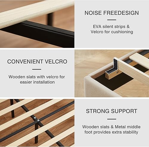 Miniatura 7 de VECELO - Marco tapizado con cabecera ajustable, individual, plataforma de terciopelo con led, estación de carga, base de colchón con listones de