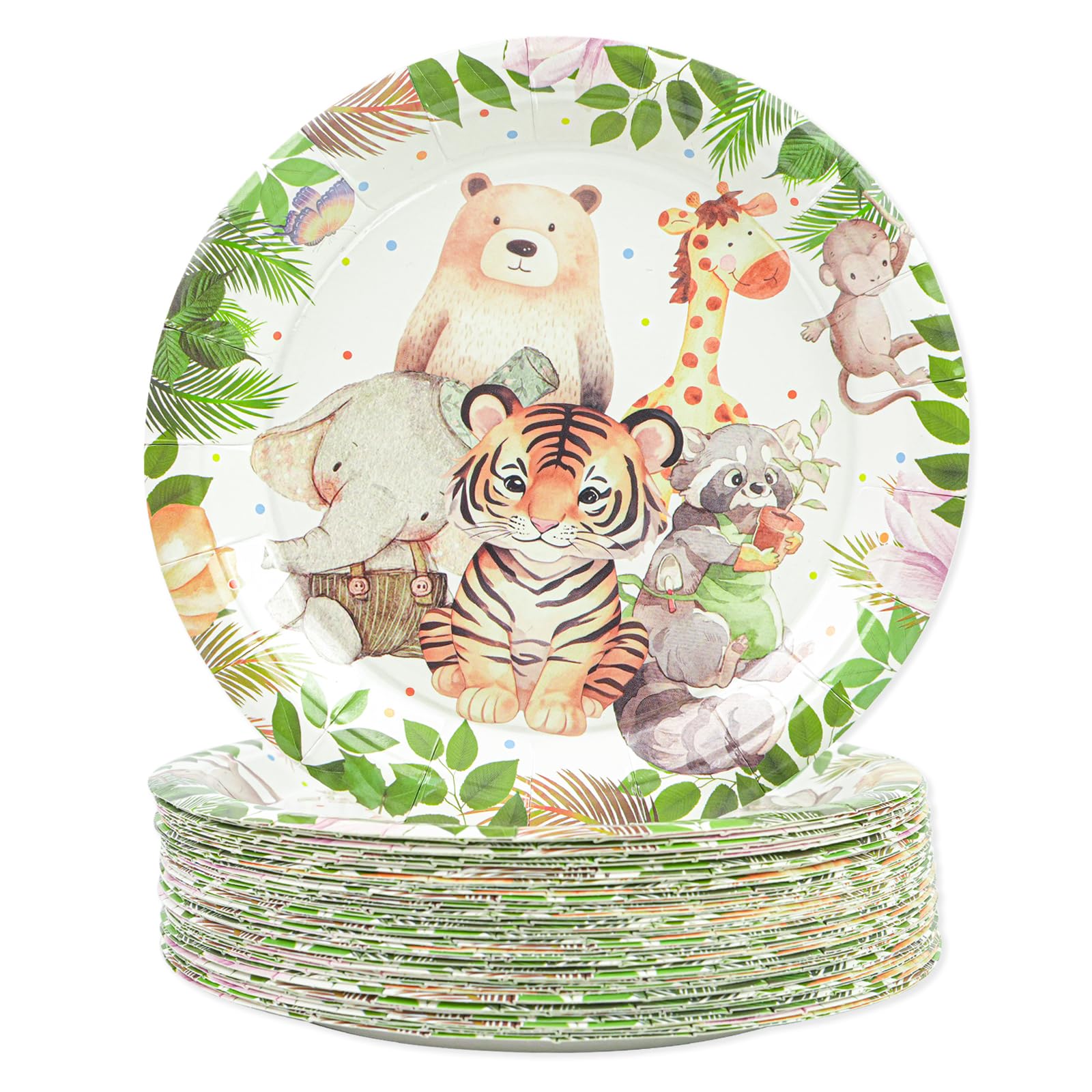 HFBOBP 50 PCS Safari Baby Shower Paper Plates, 7" Safari Jungle Animals Dessert Plates Disposable Birthday Party Plates Tableware Dinnerware for