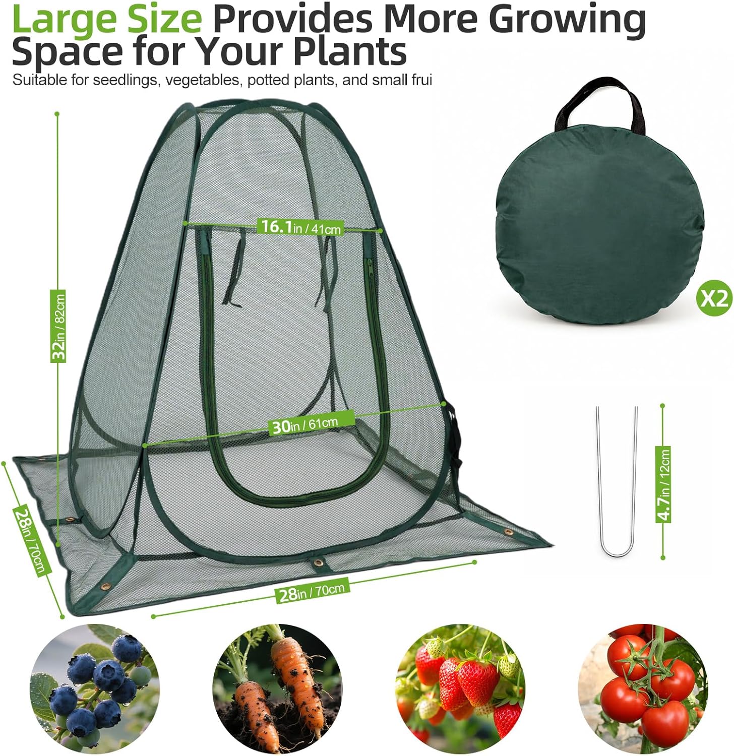 SPECILITE 28x28x32 in Pop Up Mesh Plant Cover Tent, Plant Protectors from Animals, Garden Netting Cover with Zip Entry for Protect Flower Tomato Vegetable from Deer Cat Bird Squirrel, Green-2 PCS