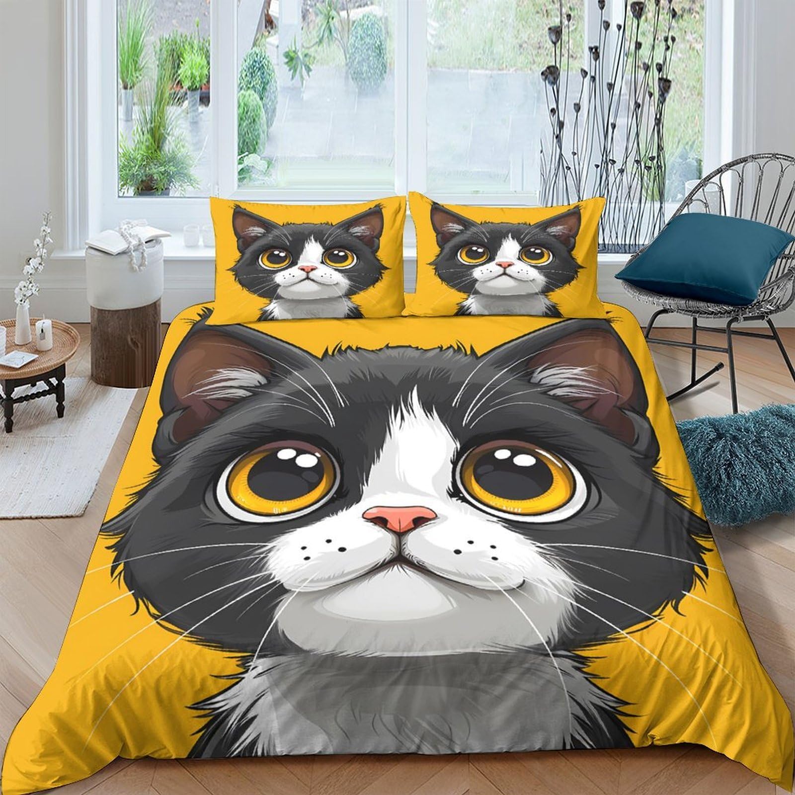 Ctjqhvkz Style-4 3D Printed Cartoon Cat Fitted Sheet Microfiber Yellow Bed Cover For Bedroom Dorm Mattress Protection Decorative Single（135X200cm）