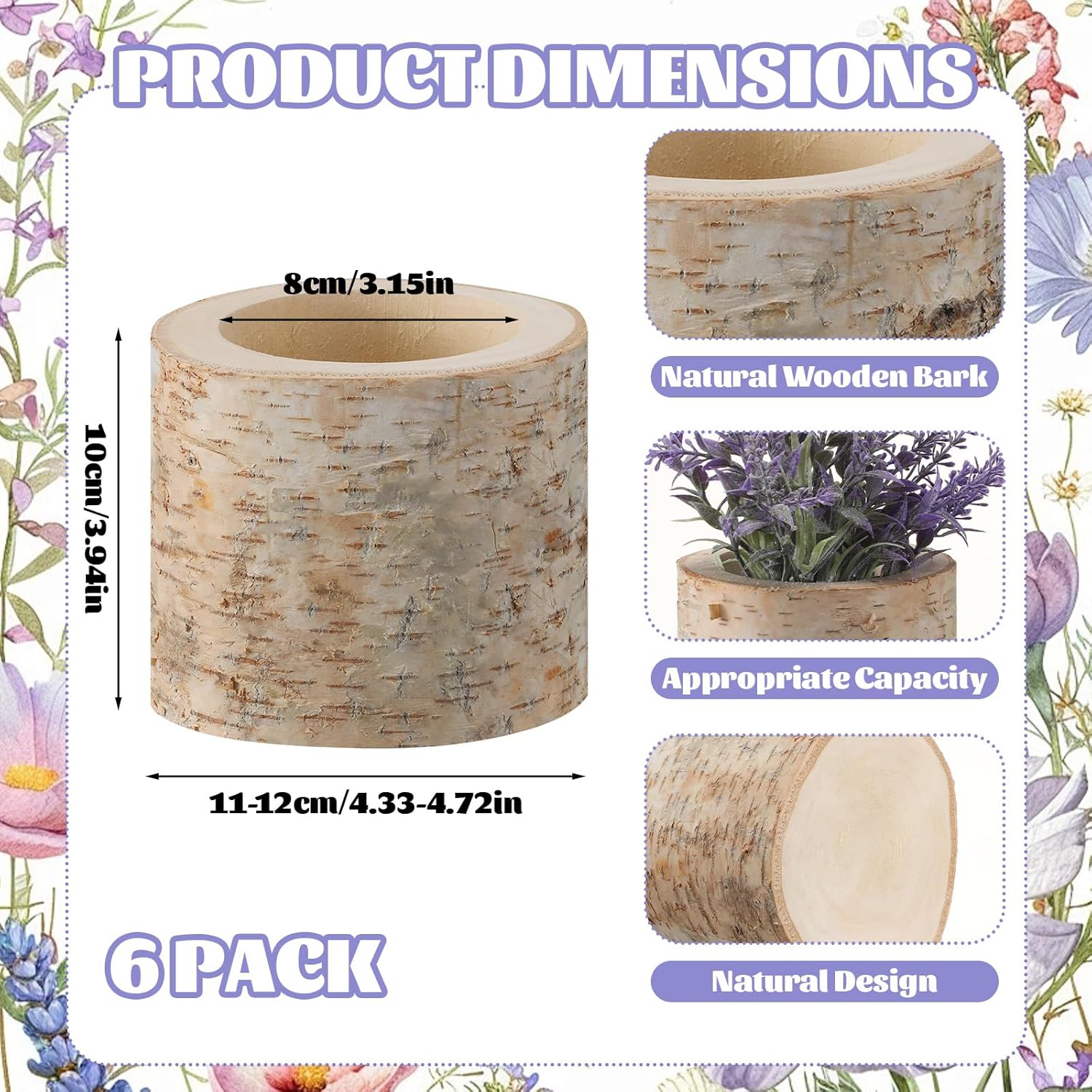 6 Pcs Natural Birch Vase Wooden Vase Natural Birch Bark Flower Pots Country Style Wood Planter for Garden Wedding Party Window Home Farmhouse Centerpieces
