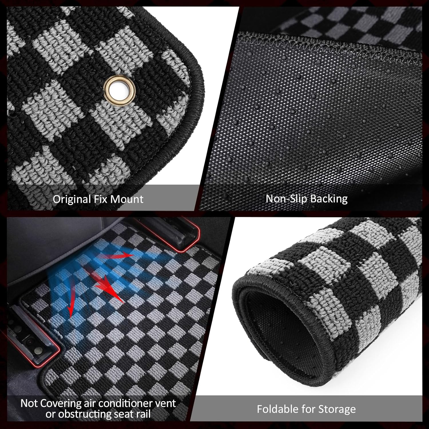 IKON MOTORSPORTS Loop Pile Tufted Car Floor Mats, Compatible with 2012-2018 Ford Focus Sedan & Hatchback, Checkered Grey Black Plaid, All Weather Anti-Slip 4PCS Set Car Protector Carpets