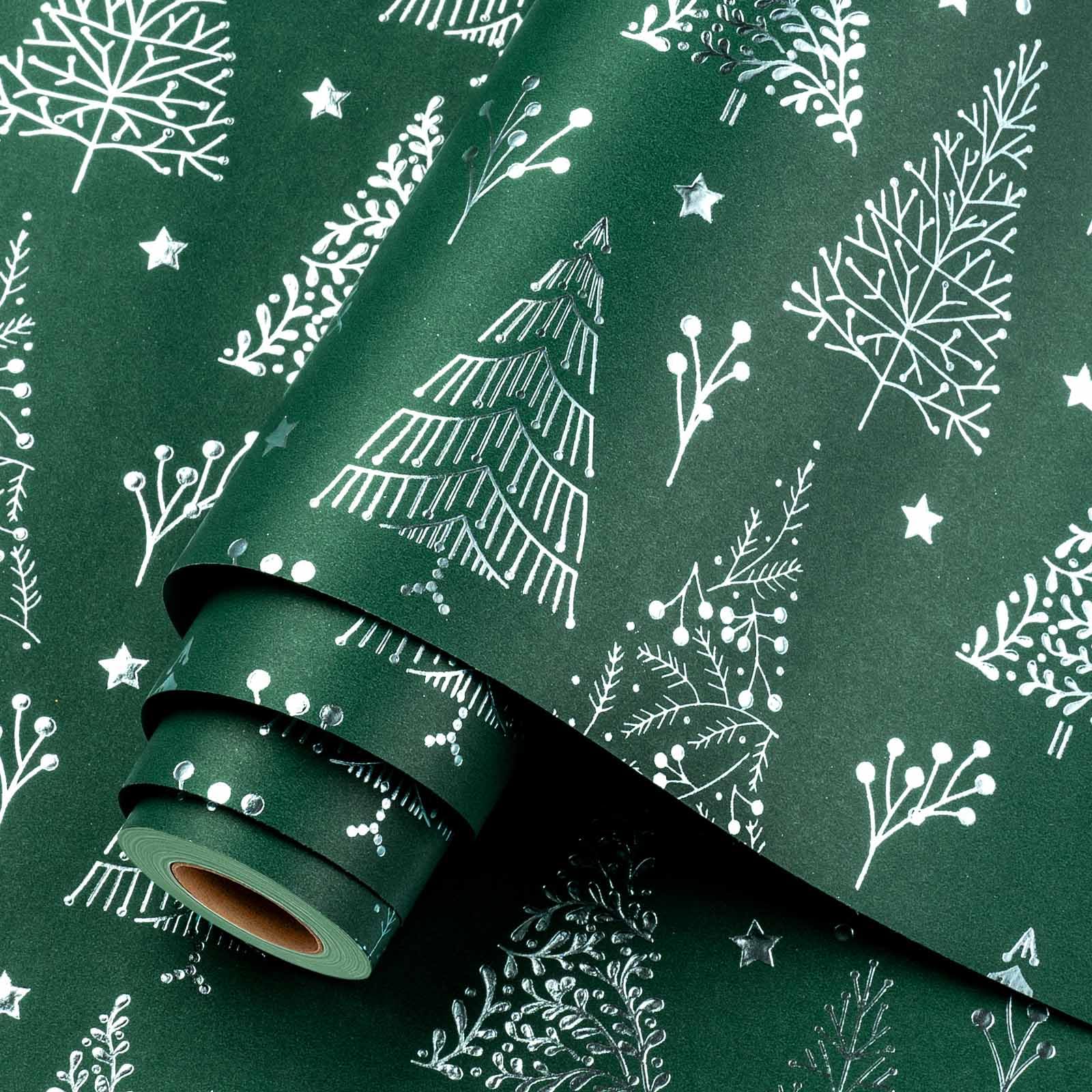 Homeral Christmas Wrapping Paper Roll - 46.8 sq.ft. 3D Embossed Green Foil Tree, Star on Green for Holiday, New Year Celebration - 17in x 33ft — image 1