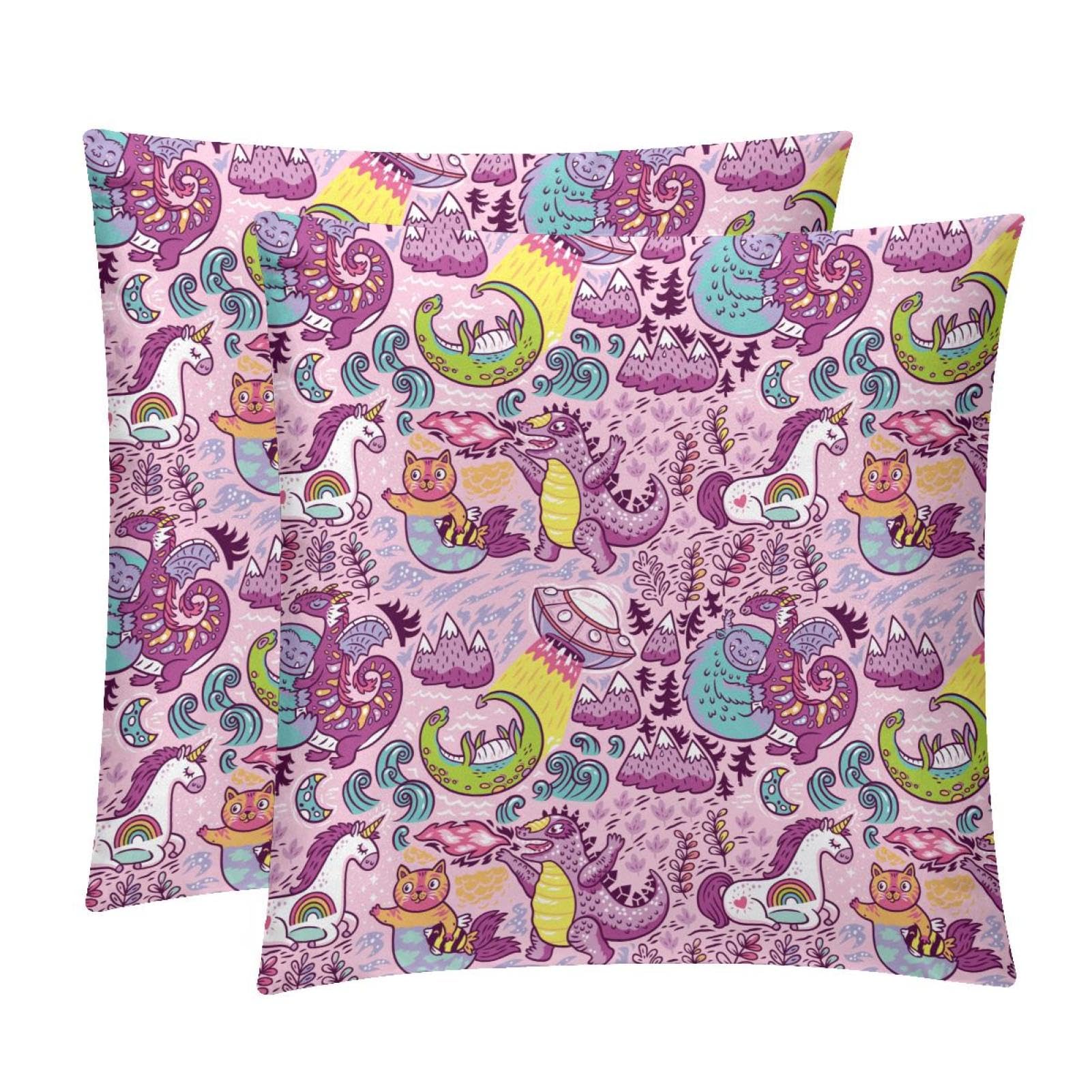 TDGKPZ Unicorn Dinasour Throw Pillow Covers 2 Pack Pillowcases Soft Cozy Pillow Cases For Couch Bed Sofa 45x45cm