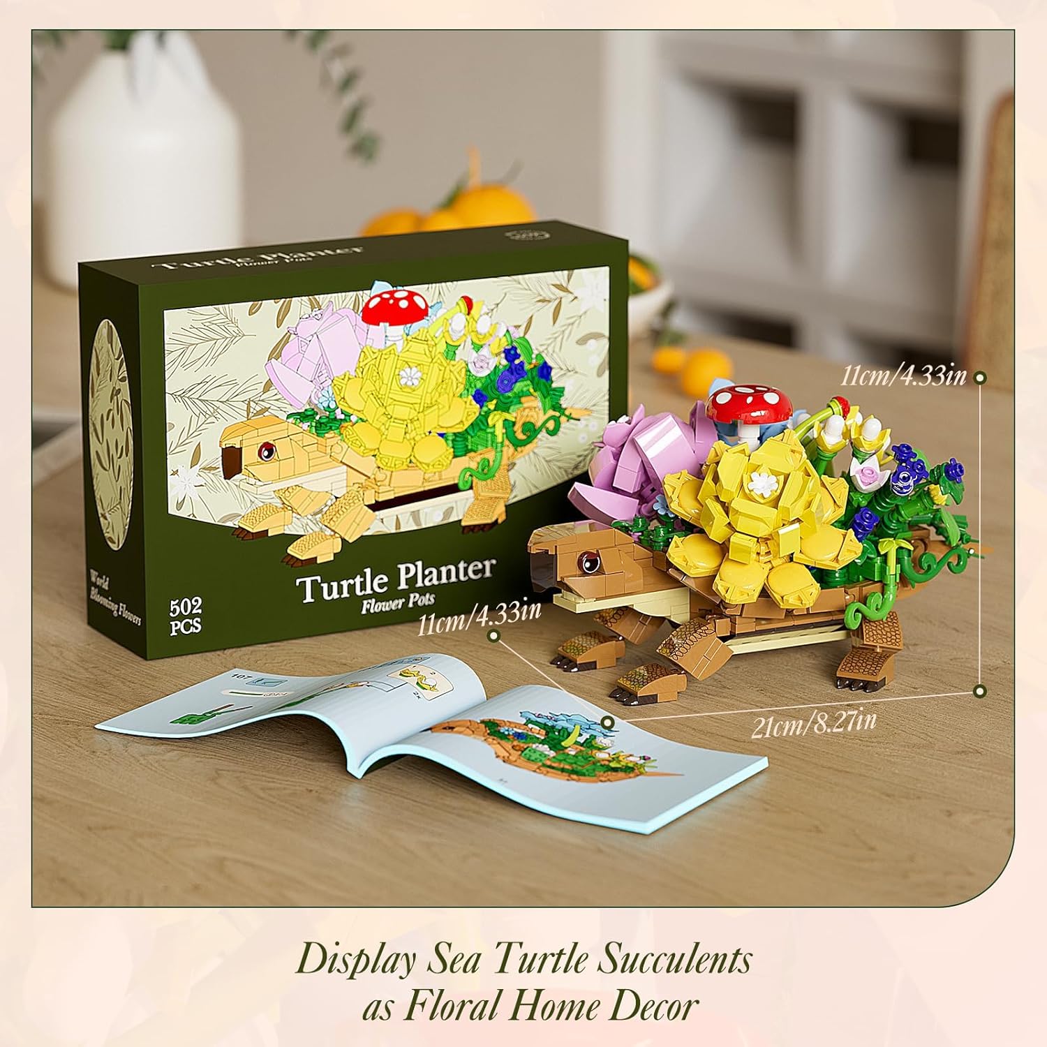 Sea Turtle Succulent Planter Building Set with LED Lights, Valentines Day Gifts for Kids Girls Women Adults Mothers, Compatible with Lego Turtle Flowers Pot Building Kit, Animals Botanical