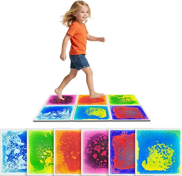 JUEOQOY Liquid Sensory Floor Tiles for Kids Ages 3+, 12" Step-On Tiles with Non-Slip Base, Interactive Color-Flow, Assorted Colors, Classroom Sensory Path Set (6-Pack)
