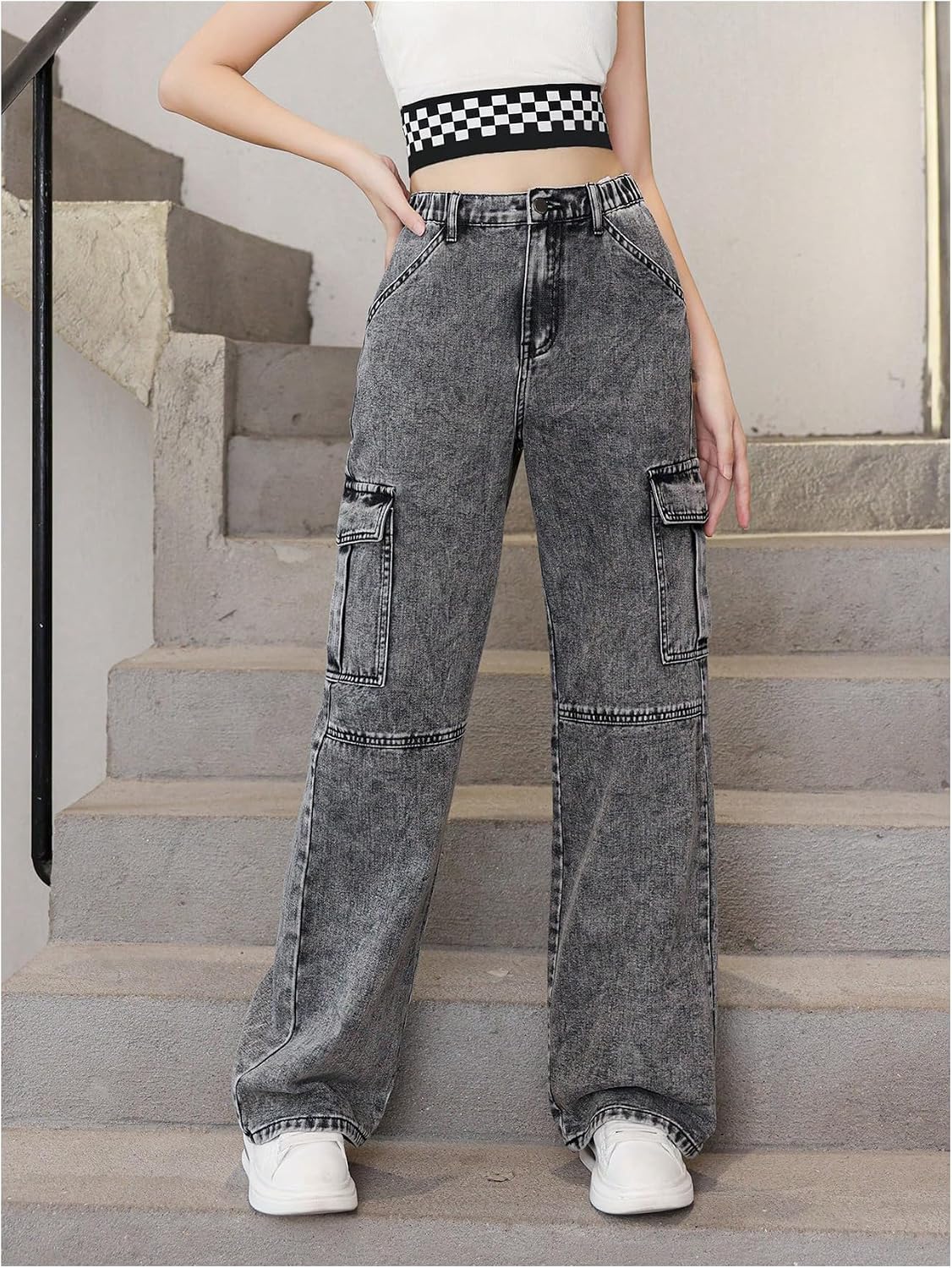 OYOANGLE Girl's Washed Elastic Waist Wide Leg Cargo Jeans Casual Baggy Denim Pants with Pocket