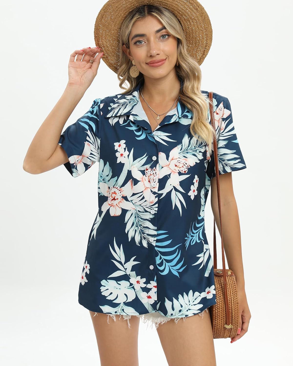 Womens Hawaiian Shirts Soft Cool Floral Print T-Shirt V Neck Short Sleeve Tropical Button Up Tops - Image 5