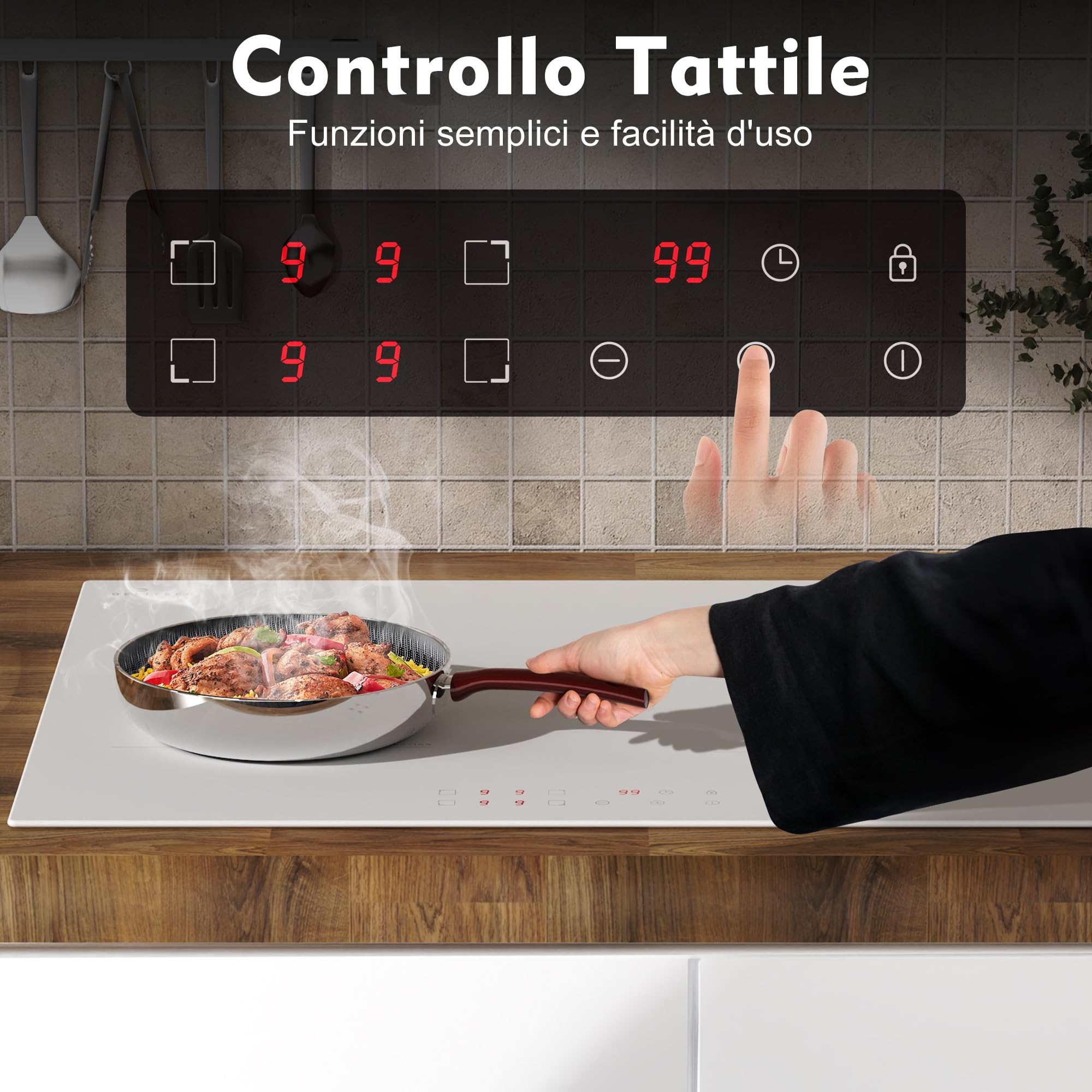 DELITEER Piano Cottura Induzione 4 Fuochi, Piano Cottura a Induzione Bianco 3500W, Piano Cottura da Incasso 59CM Con Spina, 9 Livelli di Potenza, Blocco di Sicurezza, Controllo Tattile, 220V