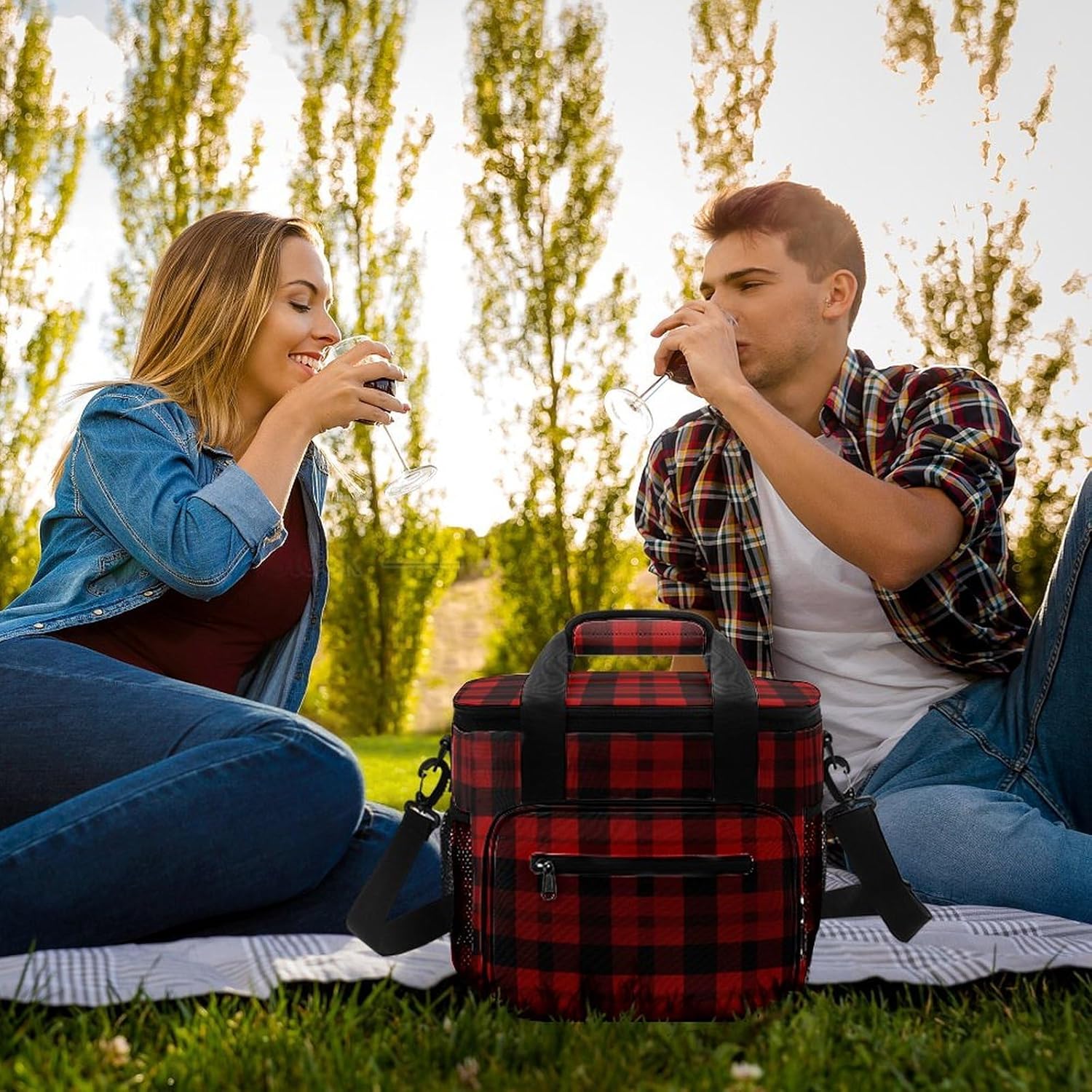 Plaid Red and Black Cooler Bags Portable Soft Cooler Bag Lightweight Ice Chest Insulated Lunch Bags Camping Cooler Bag Cooler Lunch Tote Coolers for Picnic Travel Beach