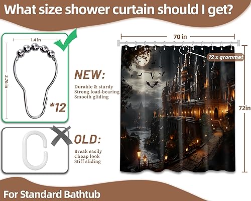 Miniatura 3 de Cortina de ducha de castillo, espeluznante y aterradora, juego de decoración de baño de murciélago gótico negro y dorado, tela impermeable con