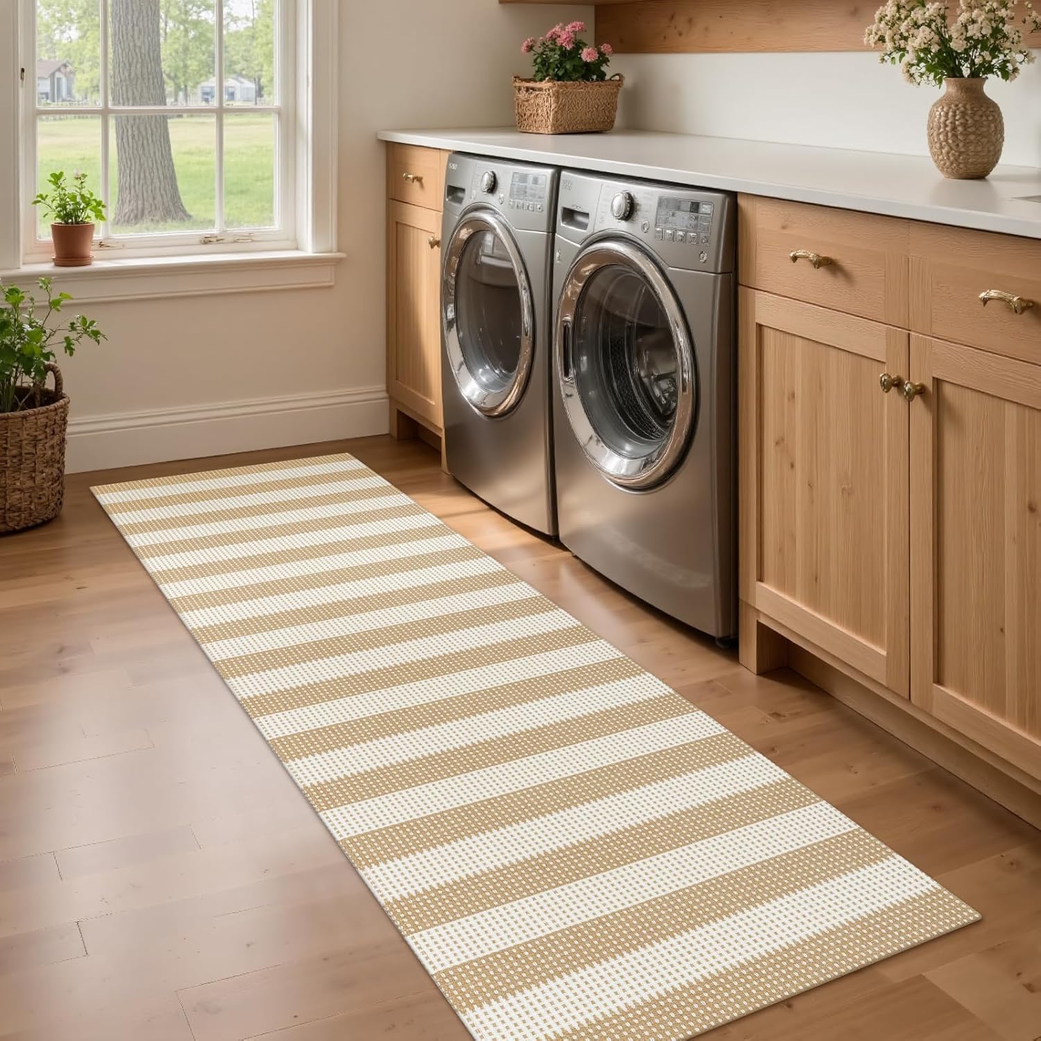 Rugalia Washable Woven Runner Rug 2x6, Khaki Striped Cotton Rug Runners for Hallway Non-Slip Long Kitchen Mat, Modern Neutral Indoor Throw Runner Carpet for Entry Porch Patio Laundry Bedroom