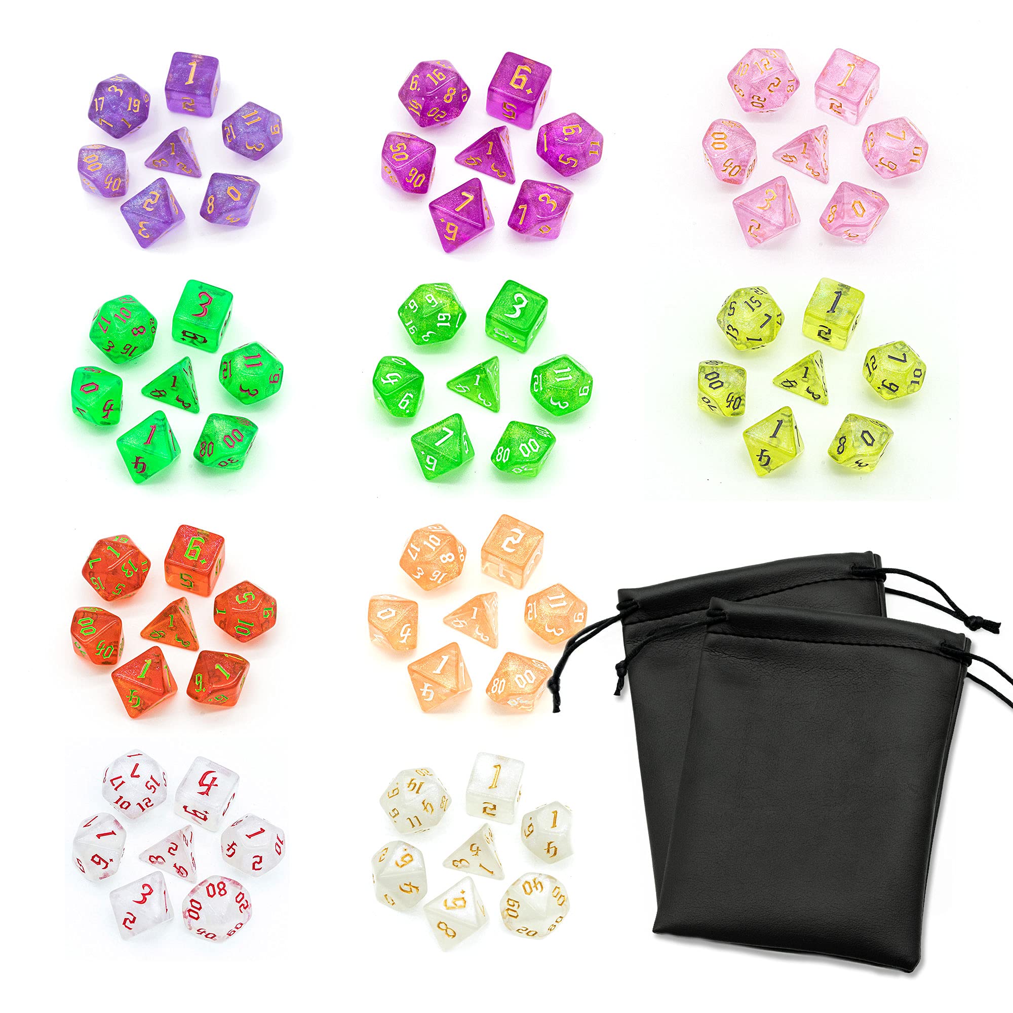 10 Sets DND Dice Polyhedral Dice Set (70pcs) with 2 Leather Bag, D&D Die Set for Dungeons and Dragons, RPG Table Games(10Sets/70Pcs)