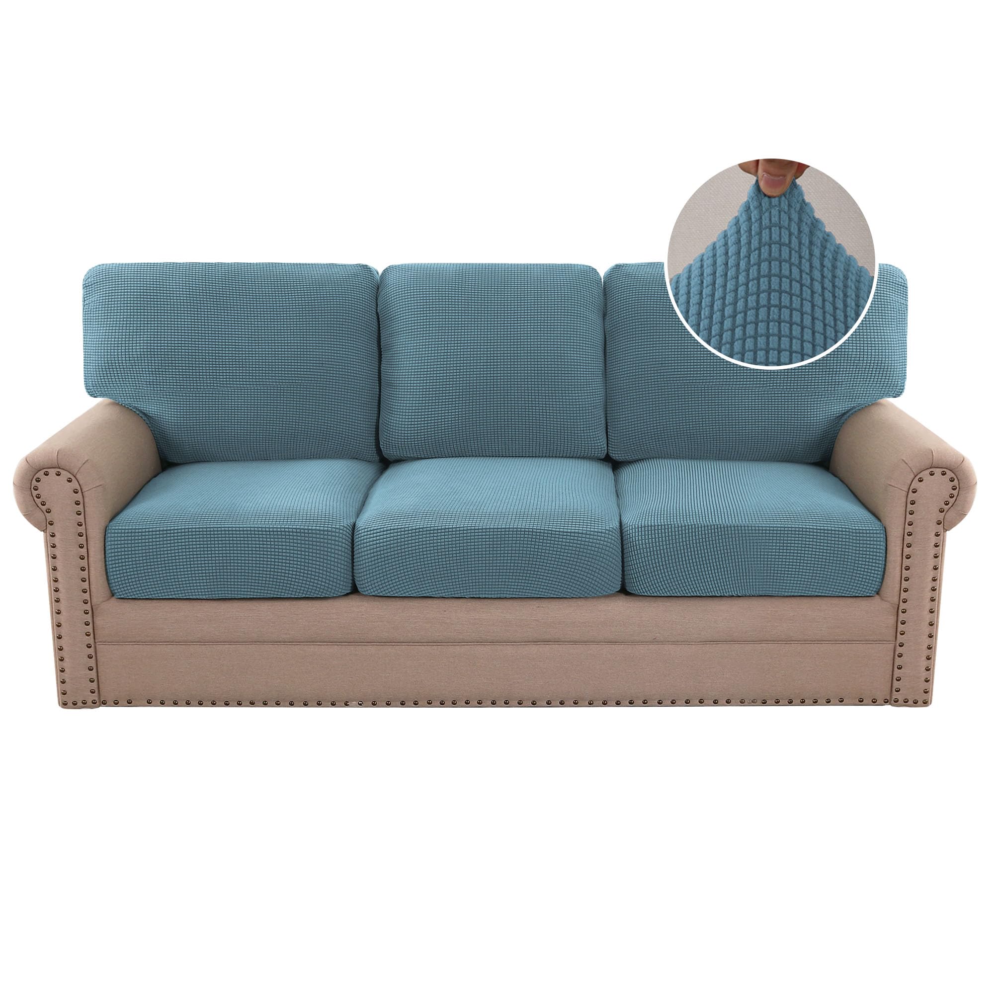 h.versailtex 2024 new trend multi-pieces sofa covers stretch couch covers form fitted seats and back cushions covers (3 seat covers plus 3 back cusion covers, bonus 2 armrest covers), storm blue