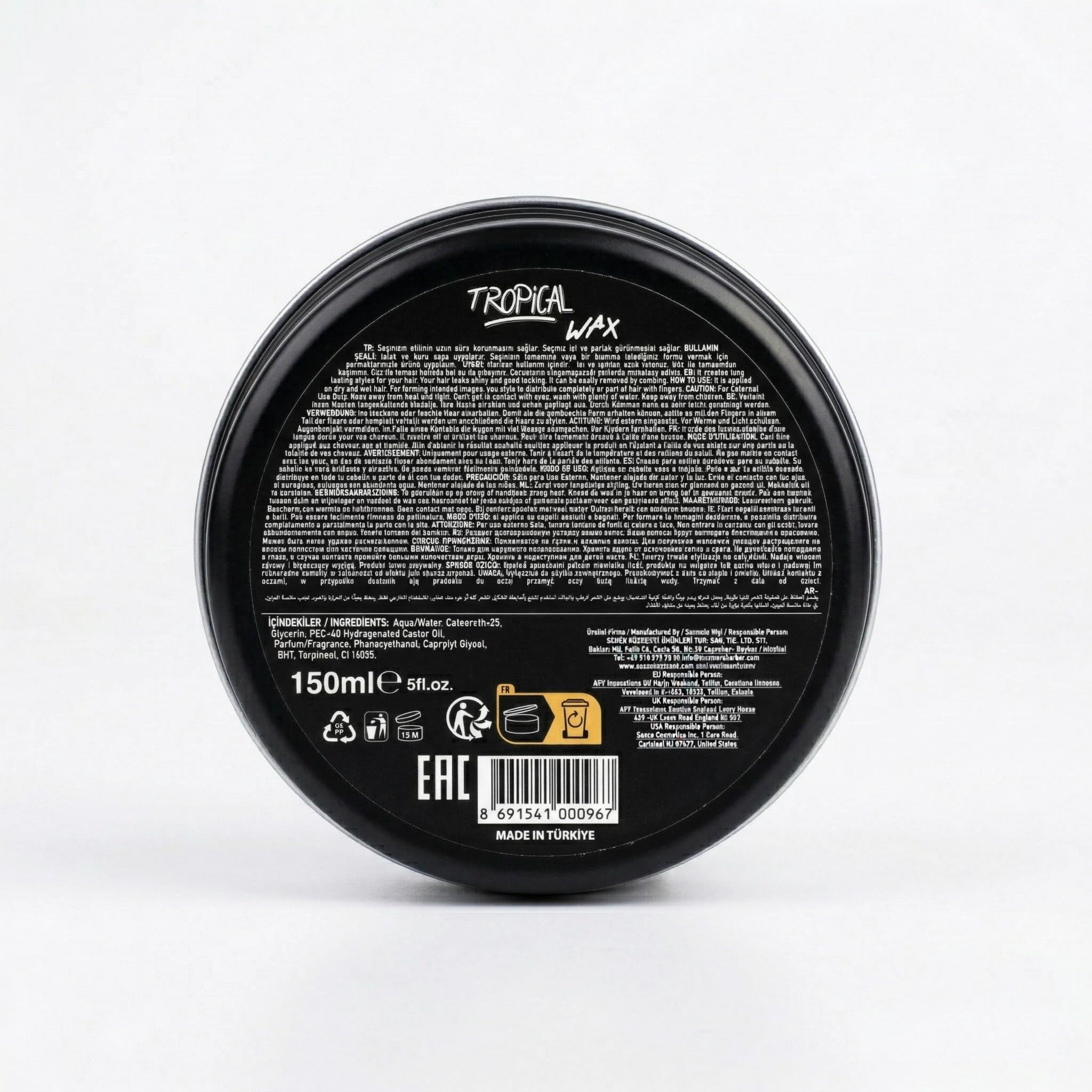 Barber Marmara Aqua Wax Strong Hold High Shine Tropical Scent 150ml | Water-Based Hair Styling Wax that Adds Volume and Control. Easy Wash Formula Suitable for All Hair Types.