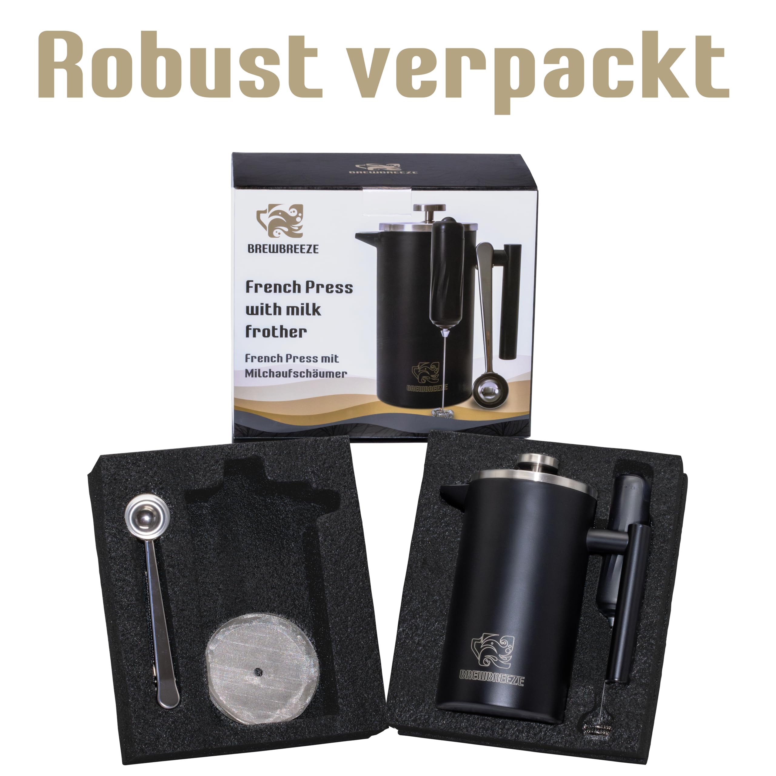 French Press Set I Cafetera Thermo Prensa de Café de Filtro 1 Litro Espumador de Leche Doble Pared Aislante Acero Inoxidable (Negro)