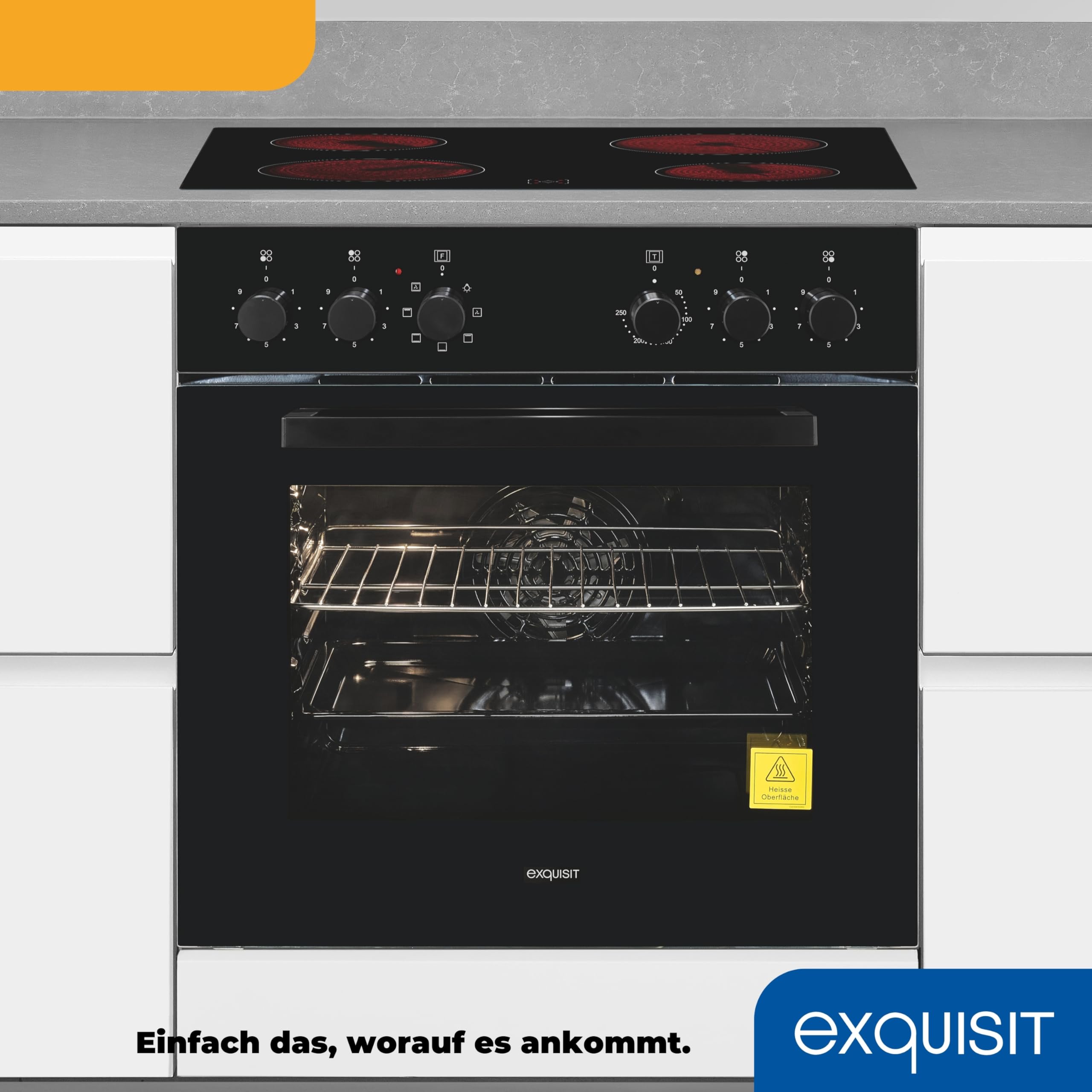 Exquisit Herd-Set EHE256-U-020-Set schwarz | EEK: A | 59,0 l Garraum | Glaskeramik Kochfeld | Herd-Set 60 cm