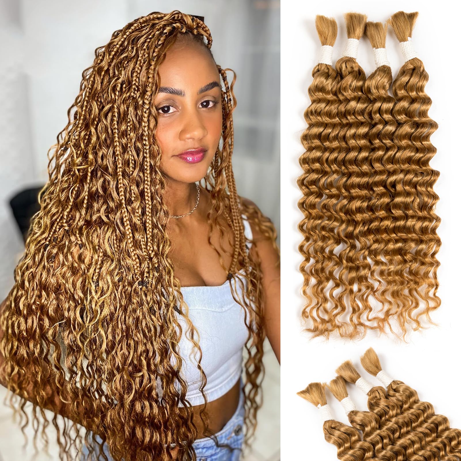 Human Braiding Hair Deep Water Wave 4 Bundles/Pack 100g 22 Inch, Bulk Human Hair Braiding Hair for Boho Braids Honey Blonde