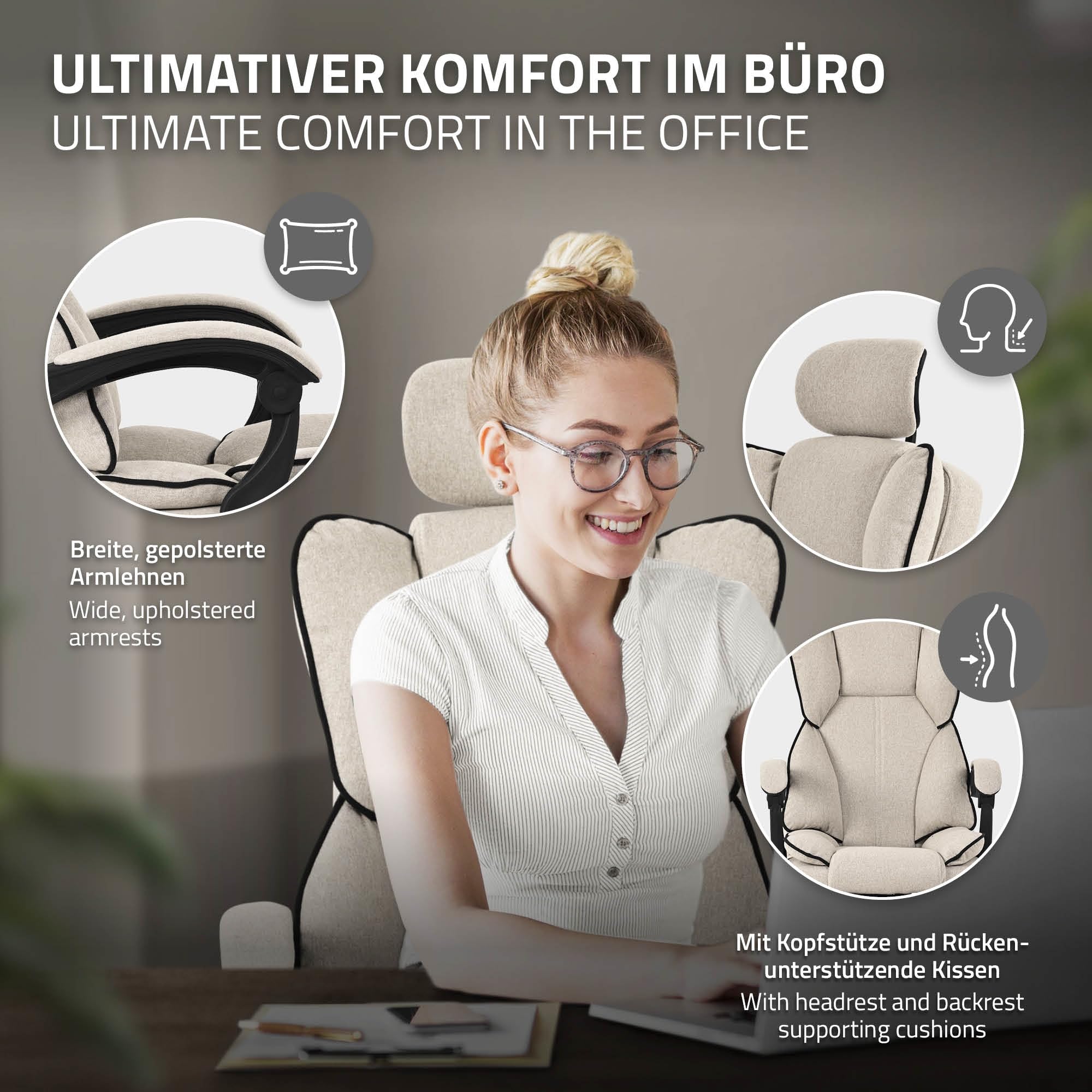 ML-Design Silla de Ordenador Beige Ergonómica Regulable en Altura con Respaldo Alto Asiento Gaming Giratorio con Reposapíes, Cojín y Reposacabezas Mueble de Oficina con Función Balancín
