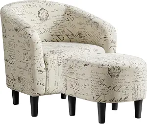 Yaheetech Modren Club Chair with Ottoman, Fabric Accent Armchair with Footstool, Upholstered Barrel Chair and Footrest for Living Room Bedroom Guestroom, Letter Print