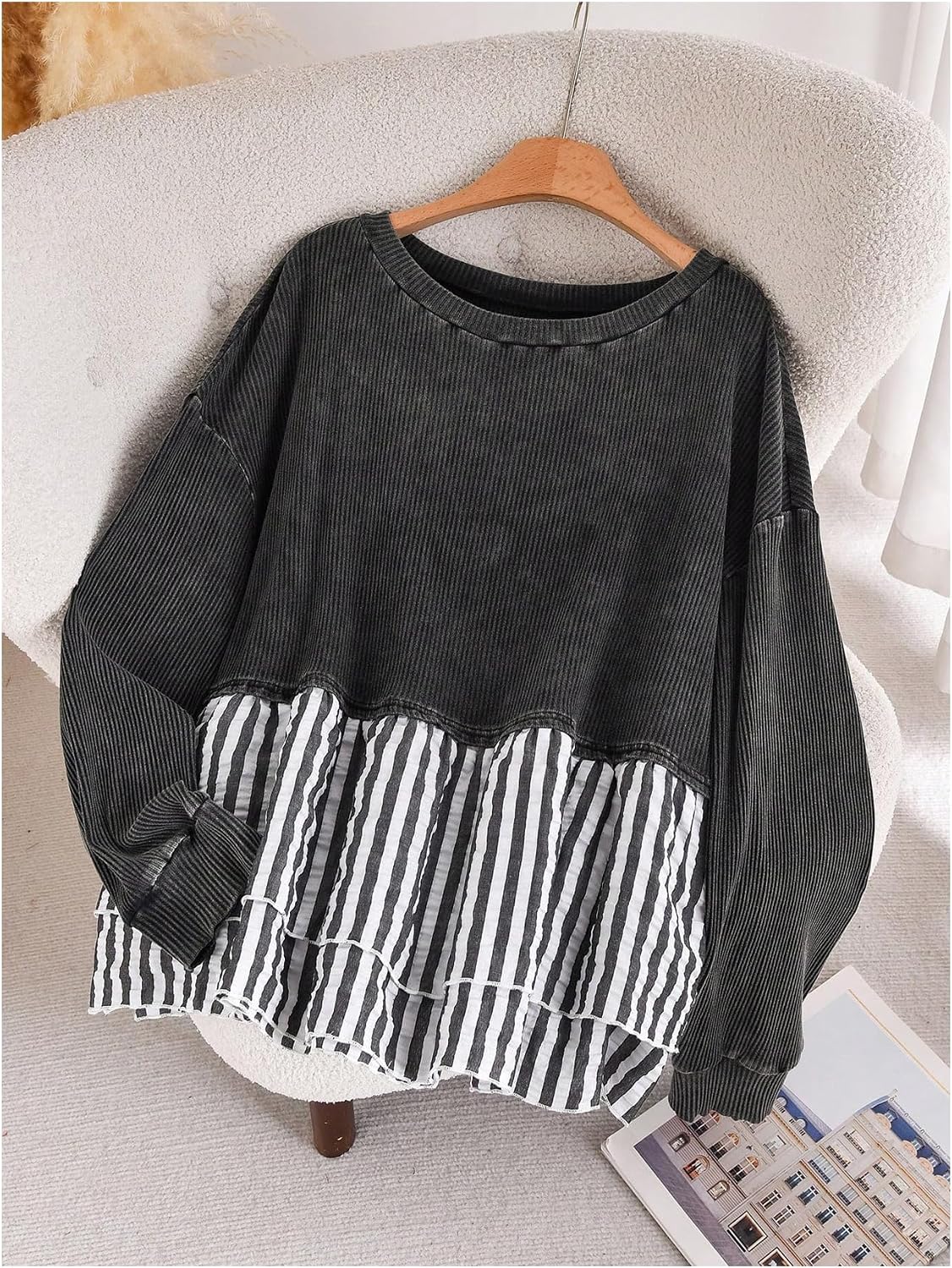 GORGLITTER Women's Plus Size Babydoll Tops Ruffle Peplum T Shirt Colorblock Striped Long Sleeve Casual Going Out Outfits