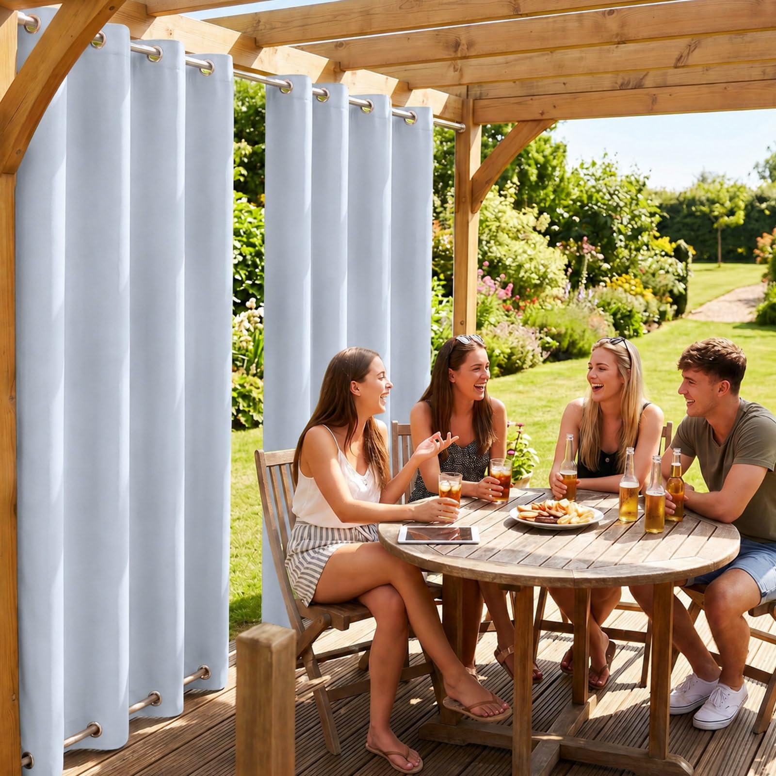 Rosnek Rideaux d'Extérieur, Lot de 2 Rideau pour Pergola, Rideau Exterieur Terrasse avec Œillets Supérieurs et Inférieurs,Imperméables, pour Balcon, Terrasse, Pergola (H 243 x L 132 cm, Gris-Blanc)