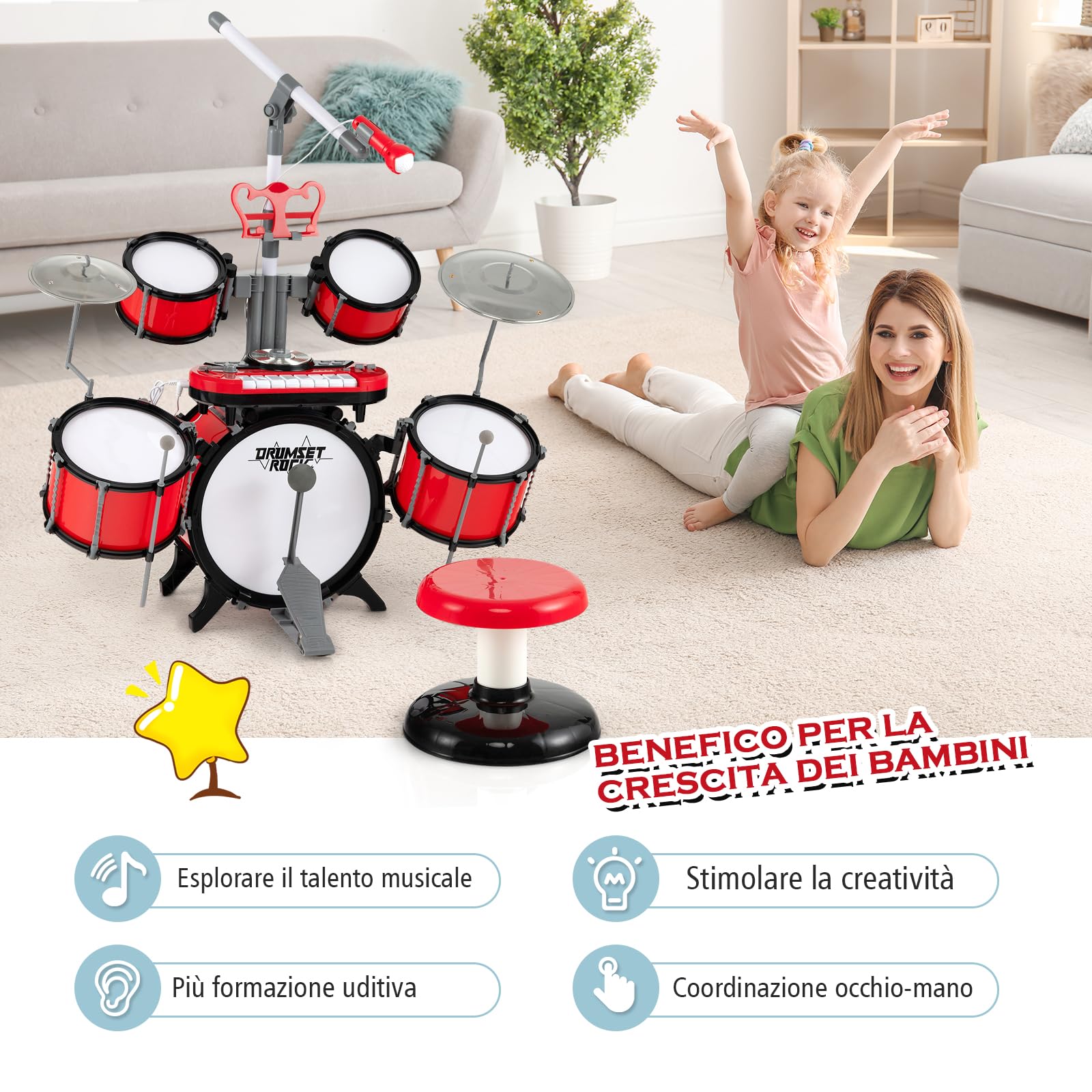 RELAX4LIFE Set di Batteria per Bambini, Giocattoli Musicali Elettronici con Tastiera e Microfono, Batteria Jazz con Sgabello per Bambini 3+ Anni, Rosso