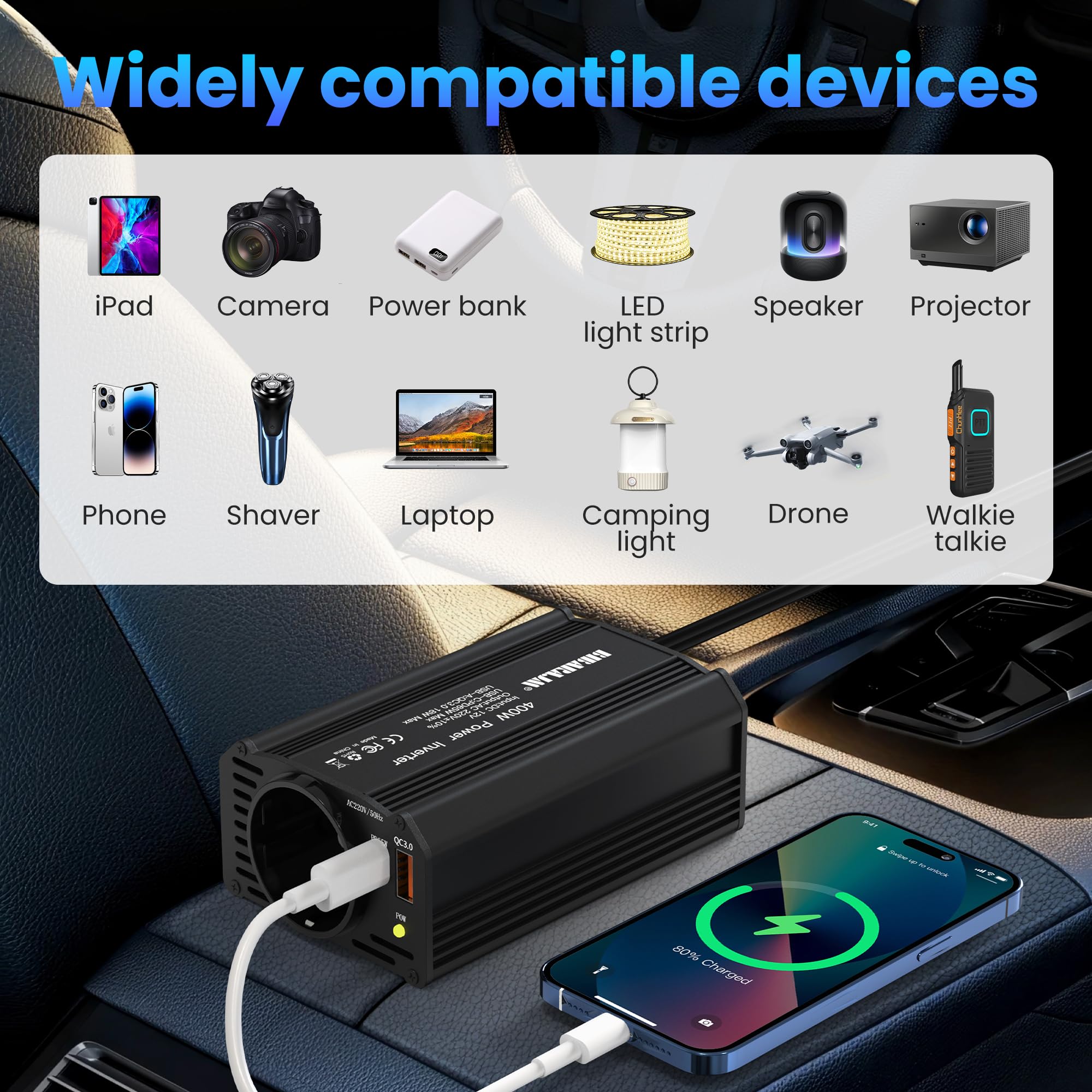 400W Auto Spannungswandler DC 12V auf AC 230V mit 2 Steckdosen und PD65W USB-C, USB-Ports, Schnellladegerät, Autoladegerät mit Zigarettenanzünderstecker für Geschäftsfahrten und Ferien