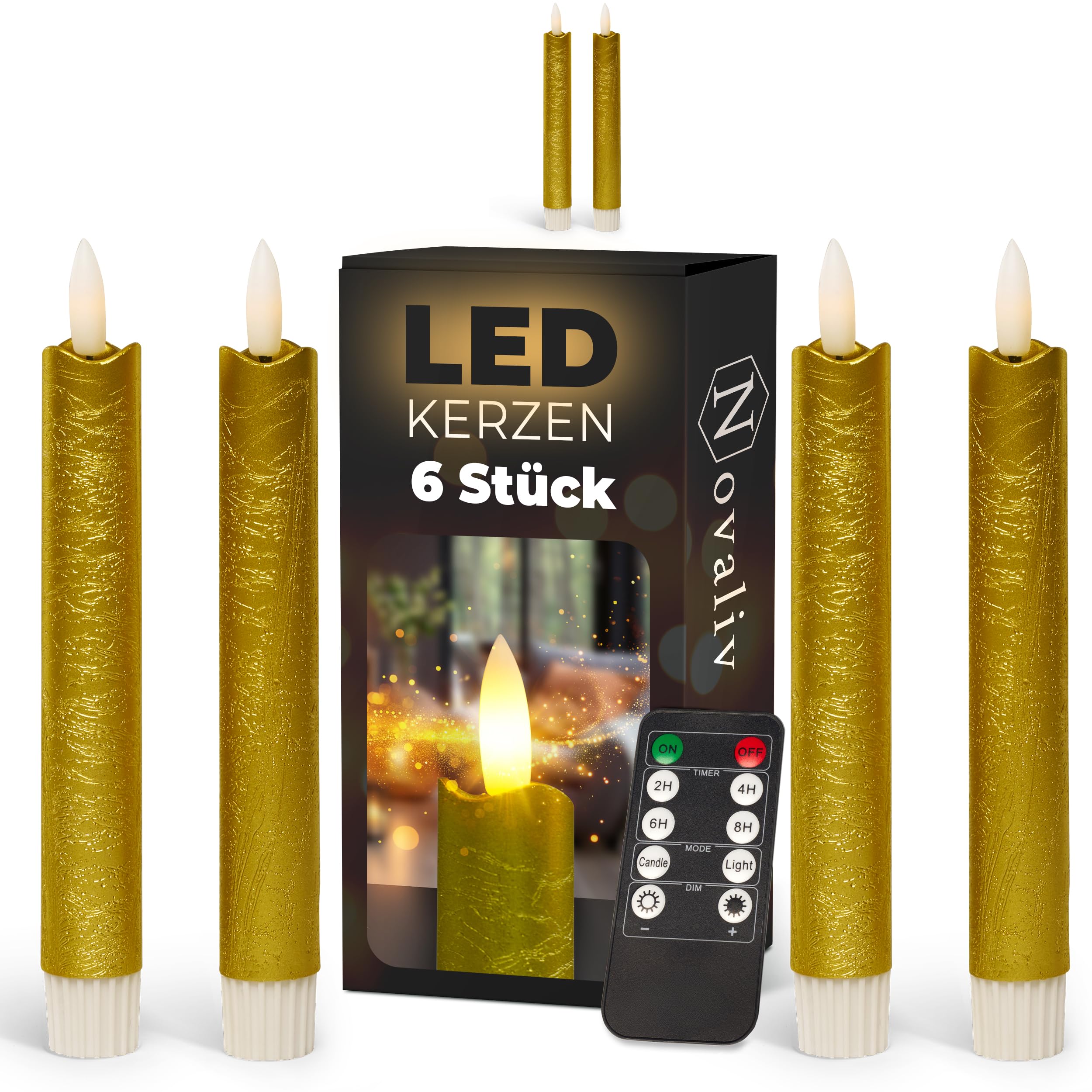 Candele a LED con timer, oro, 6 pezzi, per interni, 6 ore, vera cera, 18 cm, altezza per candele, diametro 2,2 cm, 2 batterie AAA necessarie, candele LED, set da 4 pezzi, oro (due volte), fiamma