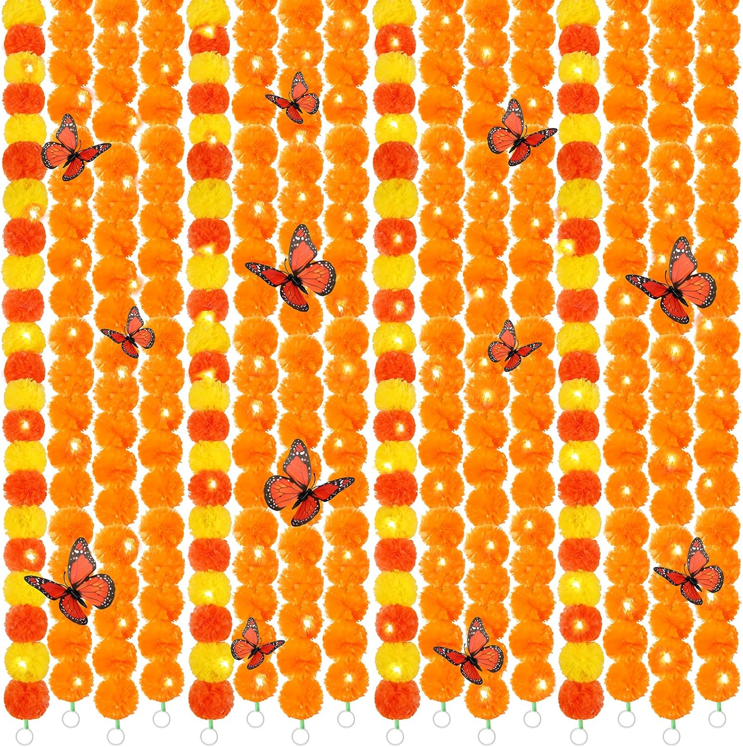 16 Pcs 5ft Halloween Marigold Garland for Decoration with LED Light and Butterfly Artificial Marigold Flowers Indian Faux Garlands for Day of The Dead Diwali Wedding Party Decor (Orange,Yellow, Red)