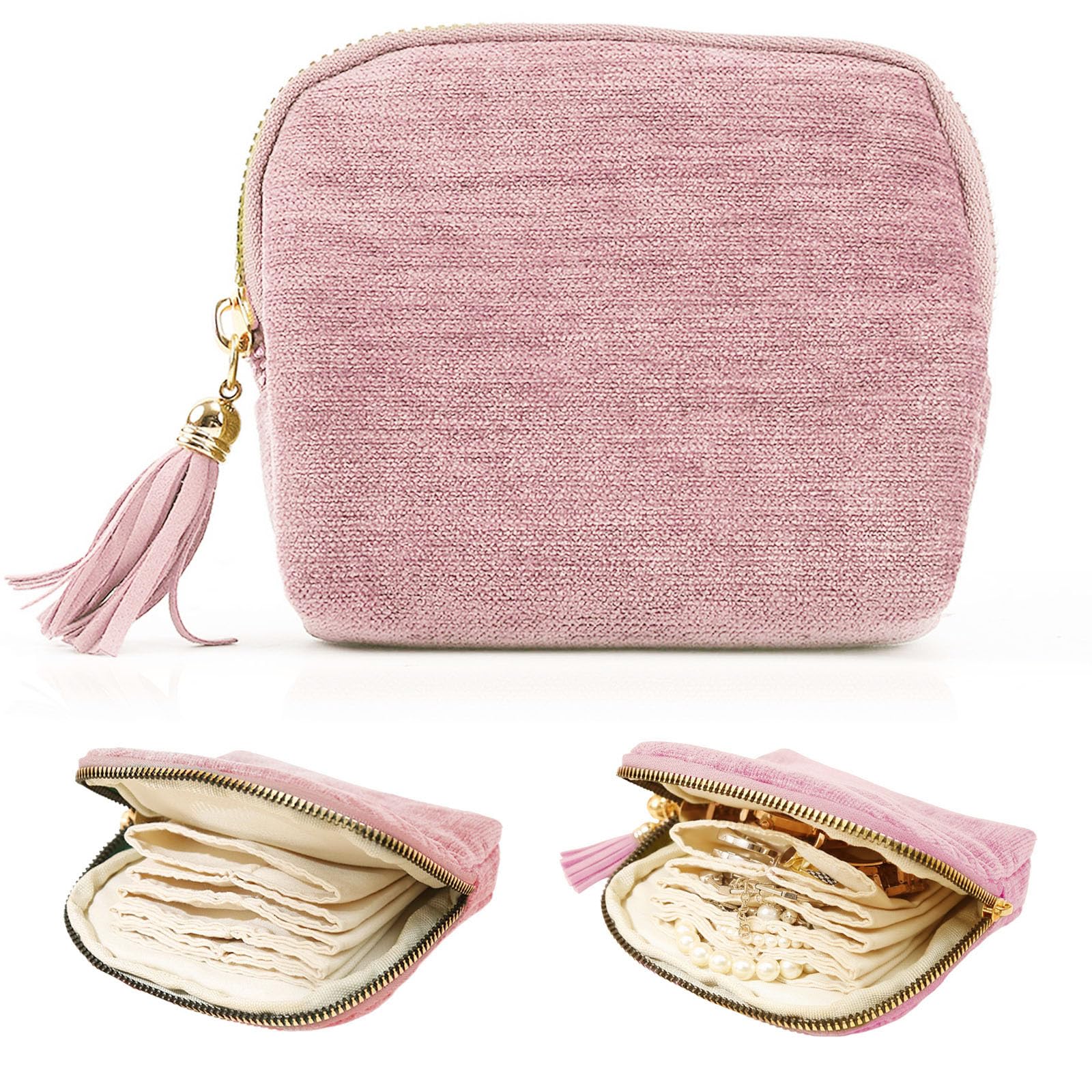 Znpum Mini Travel Jewelry Bag, Jewelry Organizer Pouch with Zipper, Small Portable Velvet Jewelry Case for Earrings Rings Bracelets, Travel Jewelry