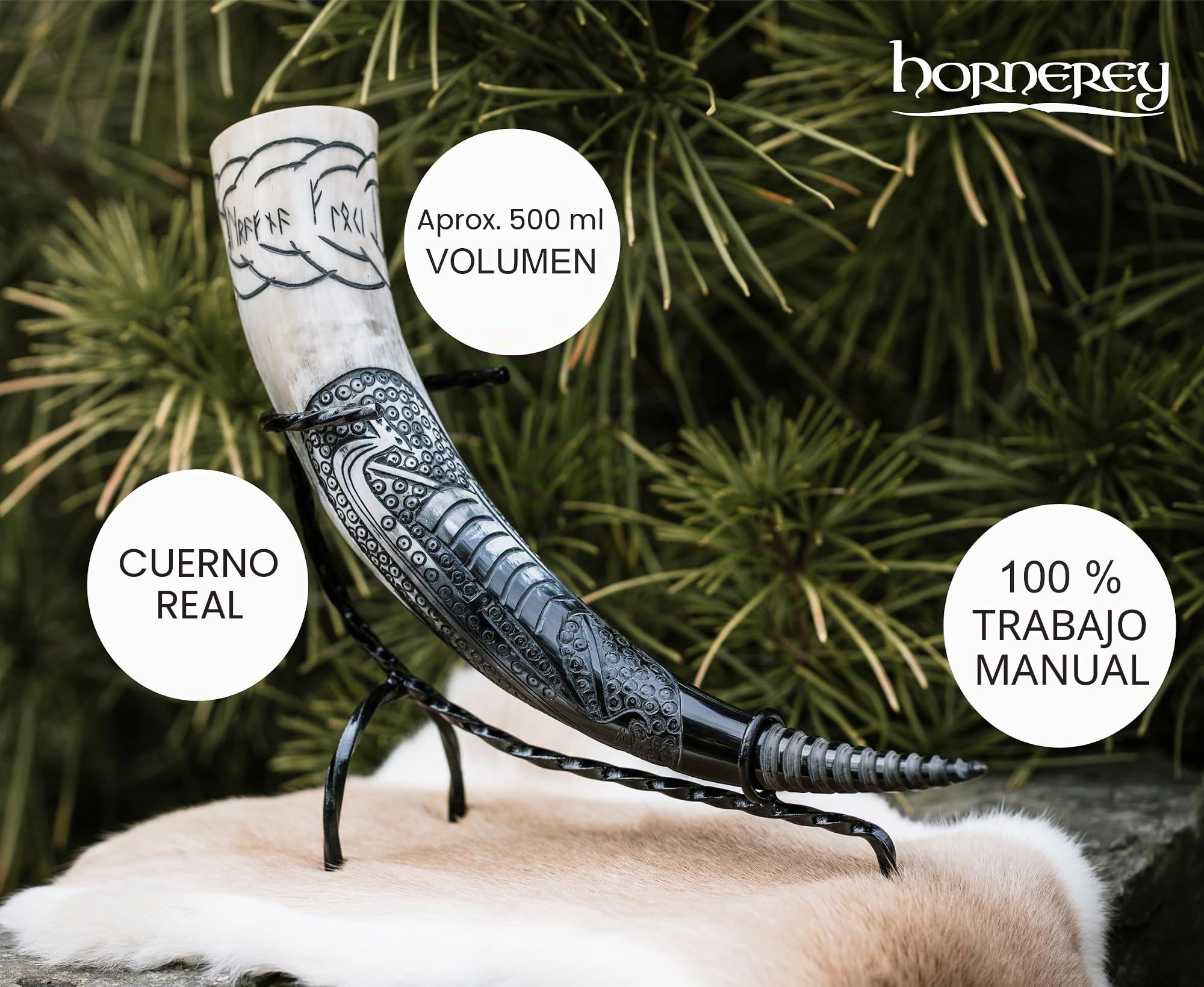 Juego de cuerno para beber Floki con soporte y cinturón, 500 ml, cuerno vikingo con accesorios, LARP