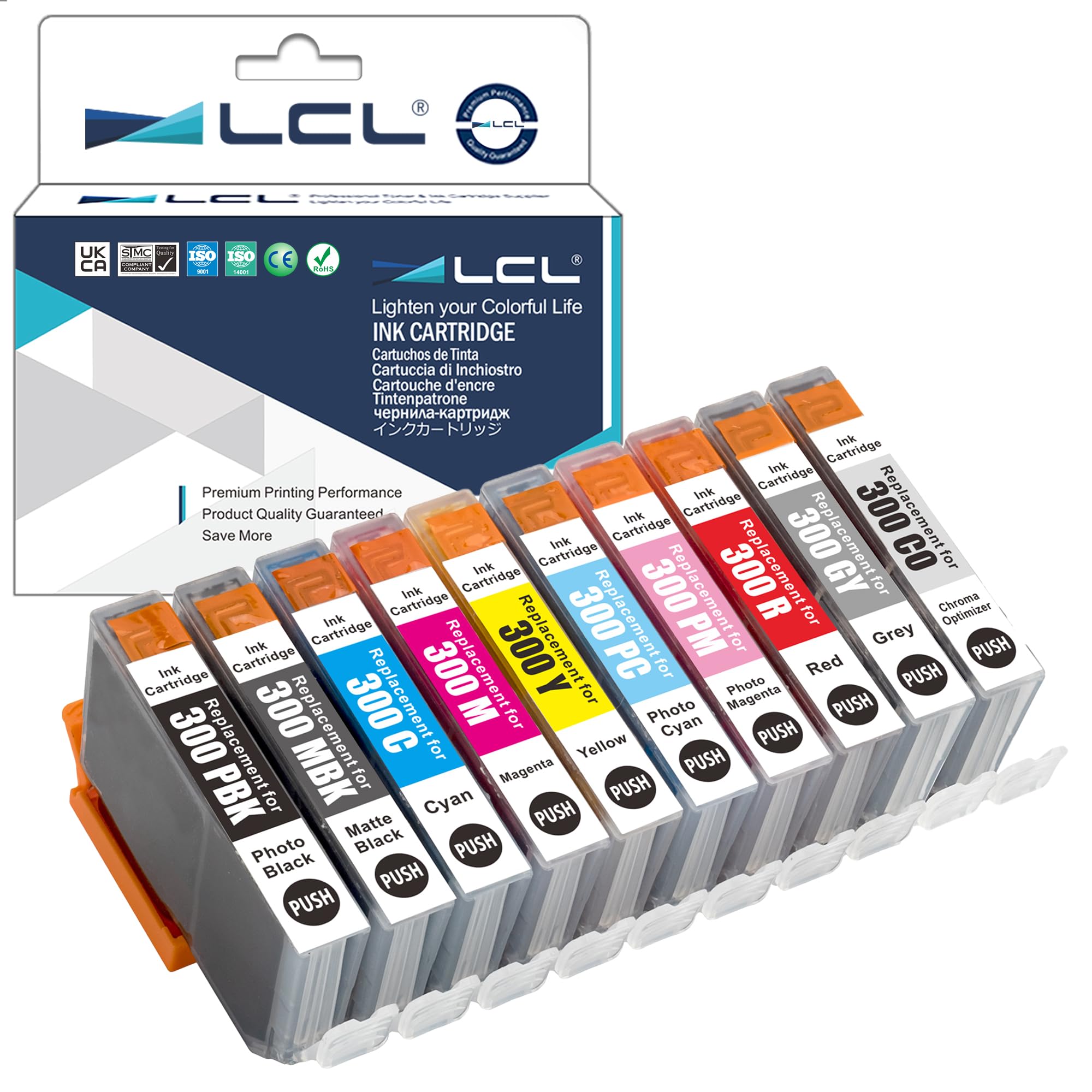 LCL Compatible Ink Cartridge Pigment Replacement for Canon PFI-300 PFI-300MBK PFI-300PBK PFI-300C PFI-300M PFI-300Y PFI-300PM PFI-300PC PFI-300R PFI-300GY PFI-300CO 4192C007 (10-Pack)