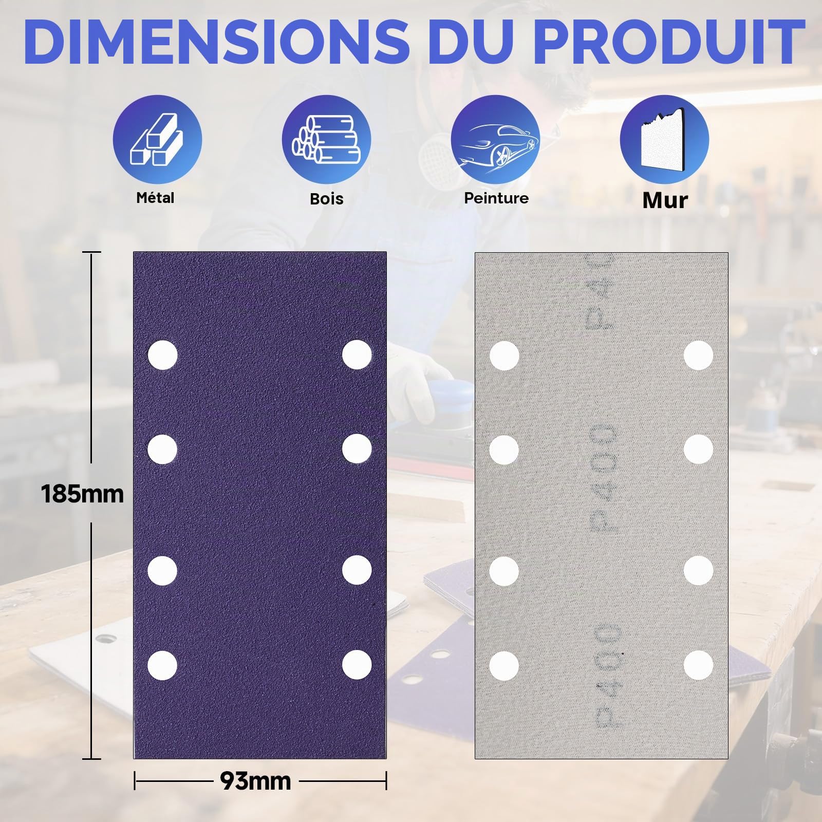 50 Pièces Feuilles Abrasives Céramique 93x185mm, Grain 60/80/120/240/400 Papier a Poncer 8 Trous Rectangulaire Papier de Verre pour Ponceuse Orbitales Ponçage Bois Métal Peinture