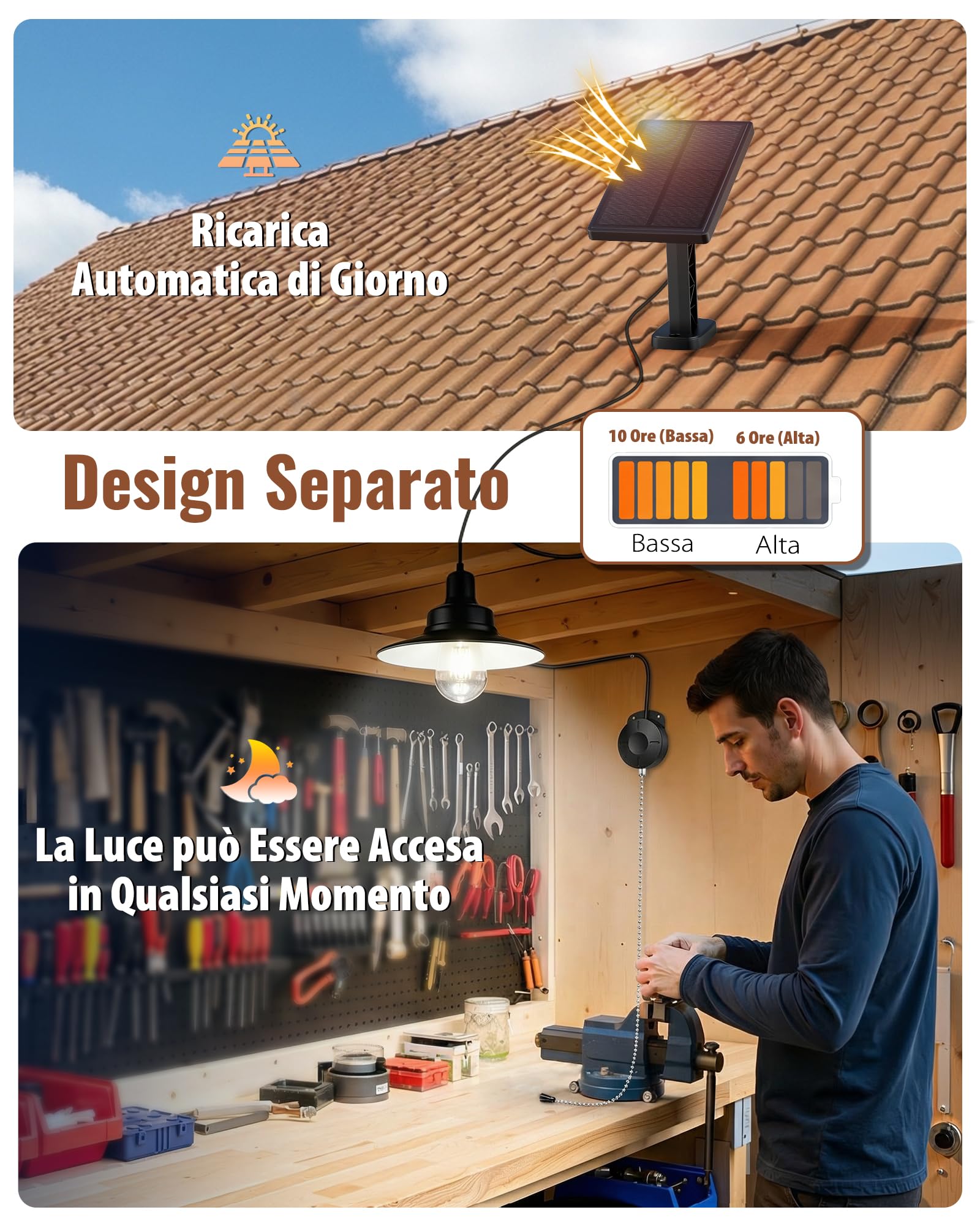 Lampada Solare da Esterno ed Interni, Semplice Interruttore a Catenella, Luci Solari da Esterno Impermeabile IP65, Adatta per Soggiorno, Gazebo, Garage