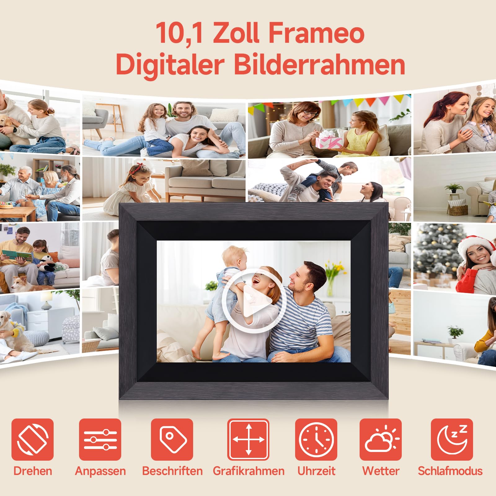 Digitaler Bilderrahmen, Rollei Smart Frame WiFi 105 10,1 Zoll Frameo WLAN Digital Photo Frame 1920x1200 Touchscreen 32GB Speicher Holz Schwarz Digitaler-Bilderrahmen-Digital-Elektronischer-Fotorahmen