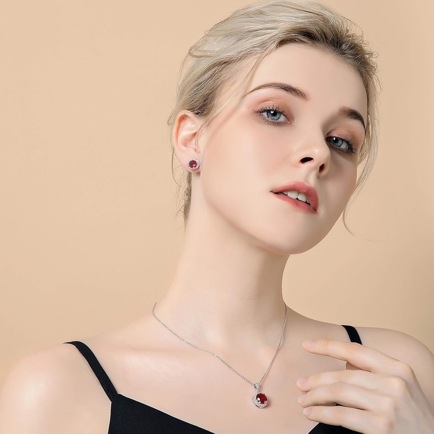 AMYJANE Halo Crystal Jewelry Set - Sterling Silver Round Cubic Zirconia Crystal Bridal Pendant Necklace Earrings Set for Wedding Bride Bridesmaids