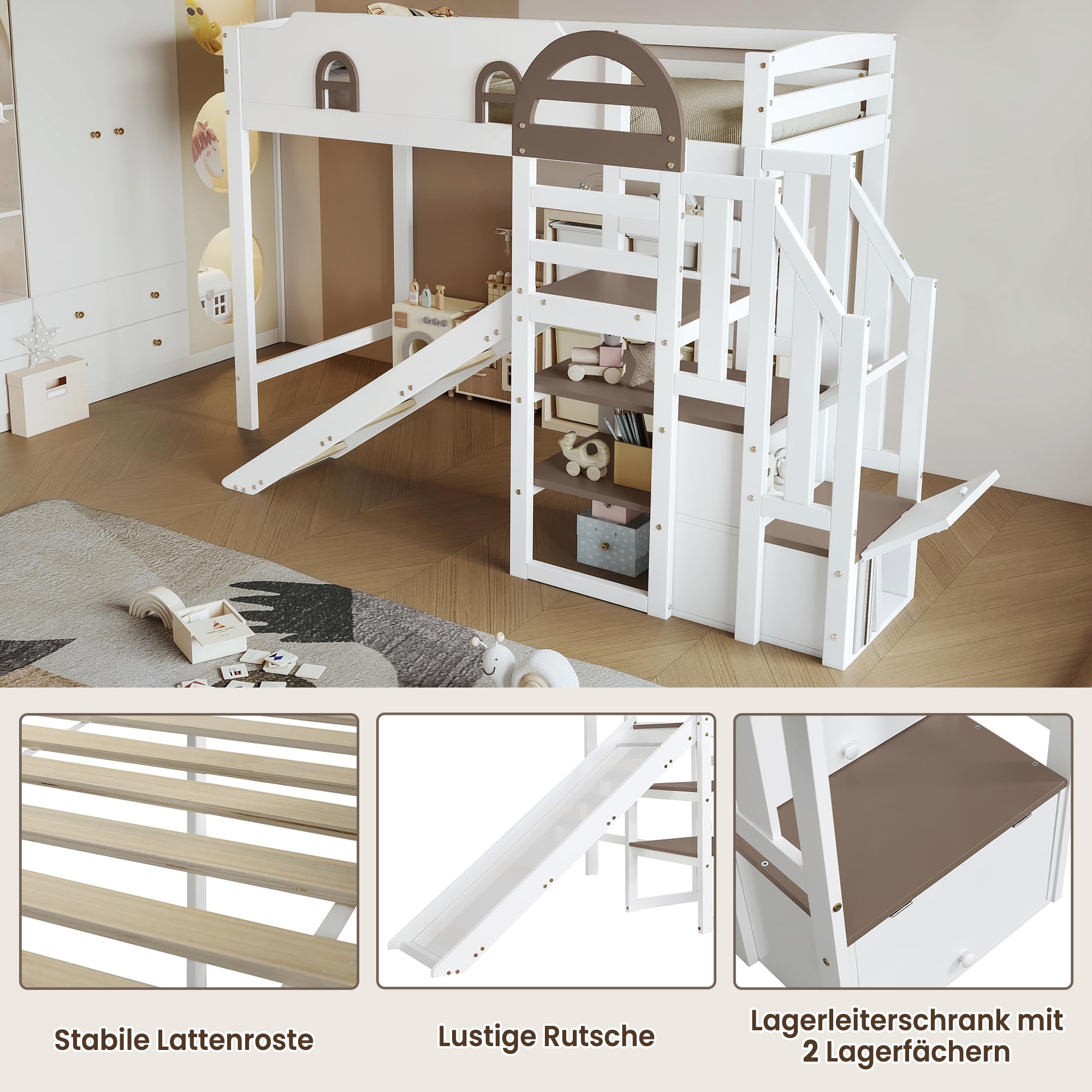 Merax Etagenbett 90x200cm, Kinderbett Hochbett mit Stauraumtreppe & Rutsche & Rausfallschutz, Platzsparendes Stockbett mit Lattenrost & Fenster, Funktionsbett für Jugend, Ohne Matratze, Weiß & Braun